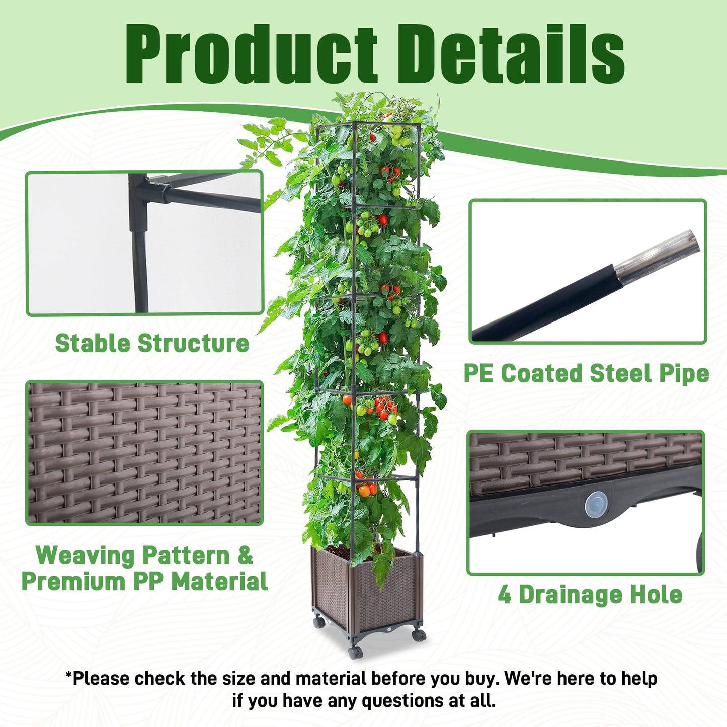 Quibbay Raised Garden Bed with Tomato Planter Cage,50.4" Self Watering Tomato Planter with Plastic Coating Steel Pipe for Climbing Vine Flowers Outdoor, Tomatoes Cage with Trellis Wheels, 1Pack