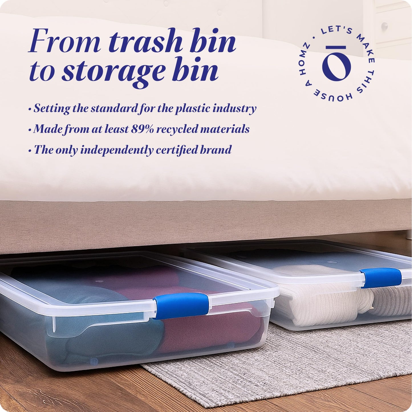 HOMZ 2-Pack Under Bed Storage, Clear Plastic Containers with Lids, 56 Quart, Blue Latch - Stackable Underbed Organizer Bins for Shoes, Bags, Clothes, and Towels