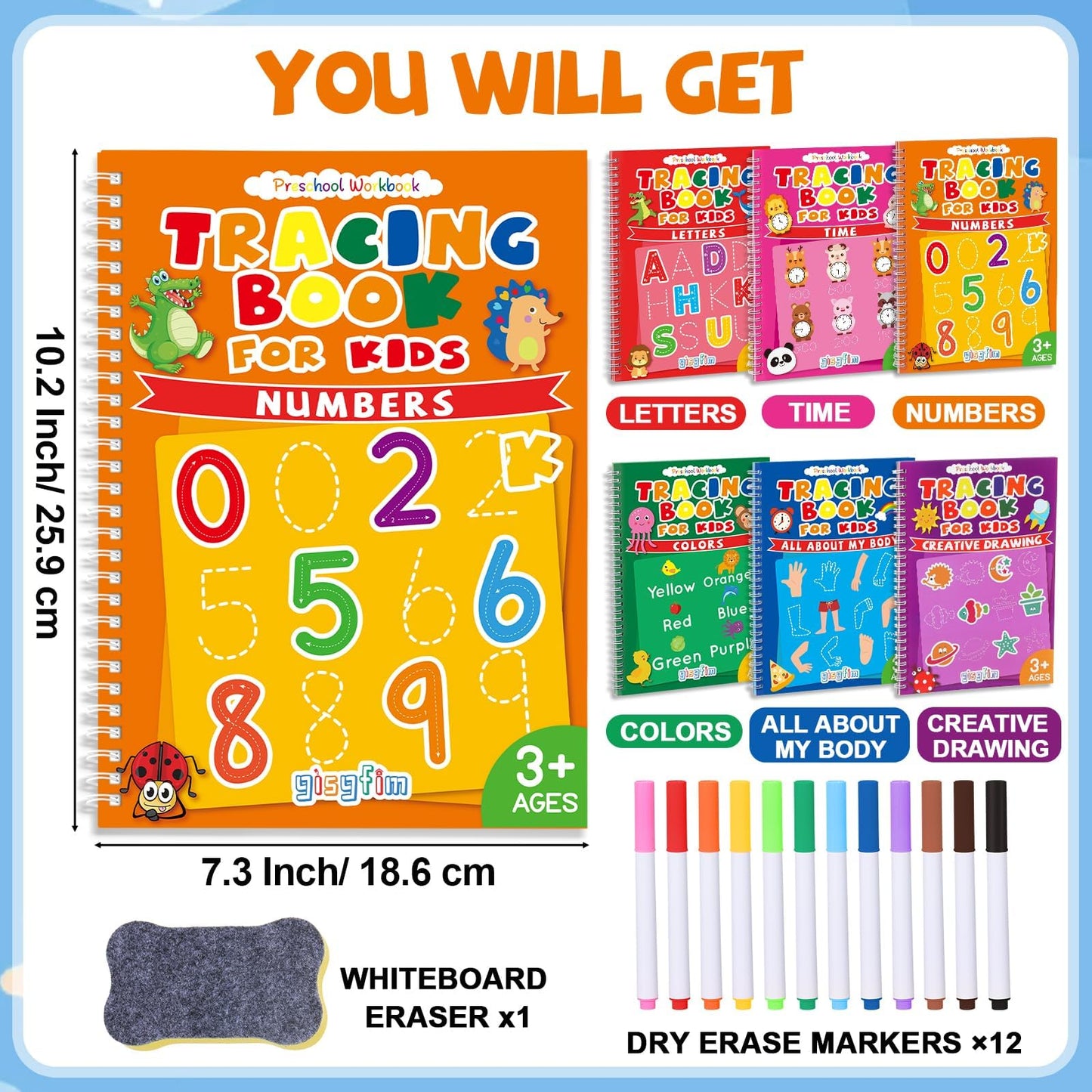 gisgfim Preschool Learning Activities 96 Pages Tracing Books for Kids Ages 3-5 Kindergarten Workbooks Dry Erase Autism Learning Workbook Writing Practice for Kids Letter Tracing Pre K Busy Book 6 Pads