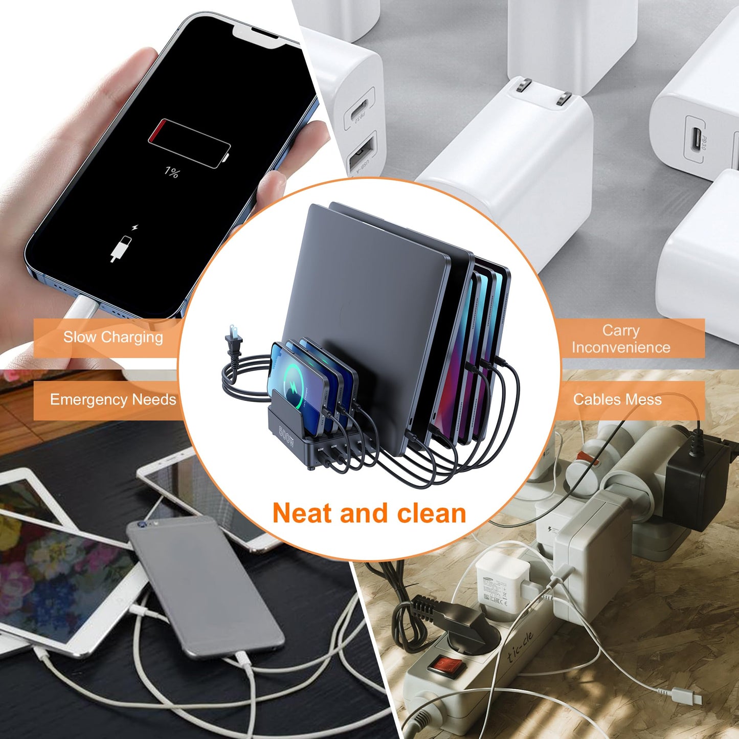 chipofy 500W Charging Station for Multiple Devices, 10-Port Multi USB C Fast Charger Station with Organizer Stand for MacBook Laptop, iPad, iPhone 17 16 Pro Max, Galaxy S25/S24 and More