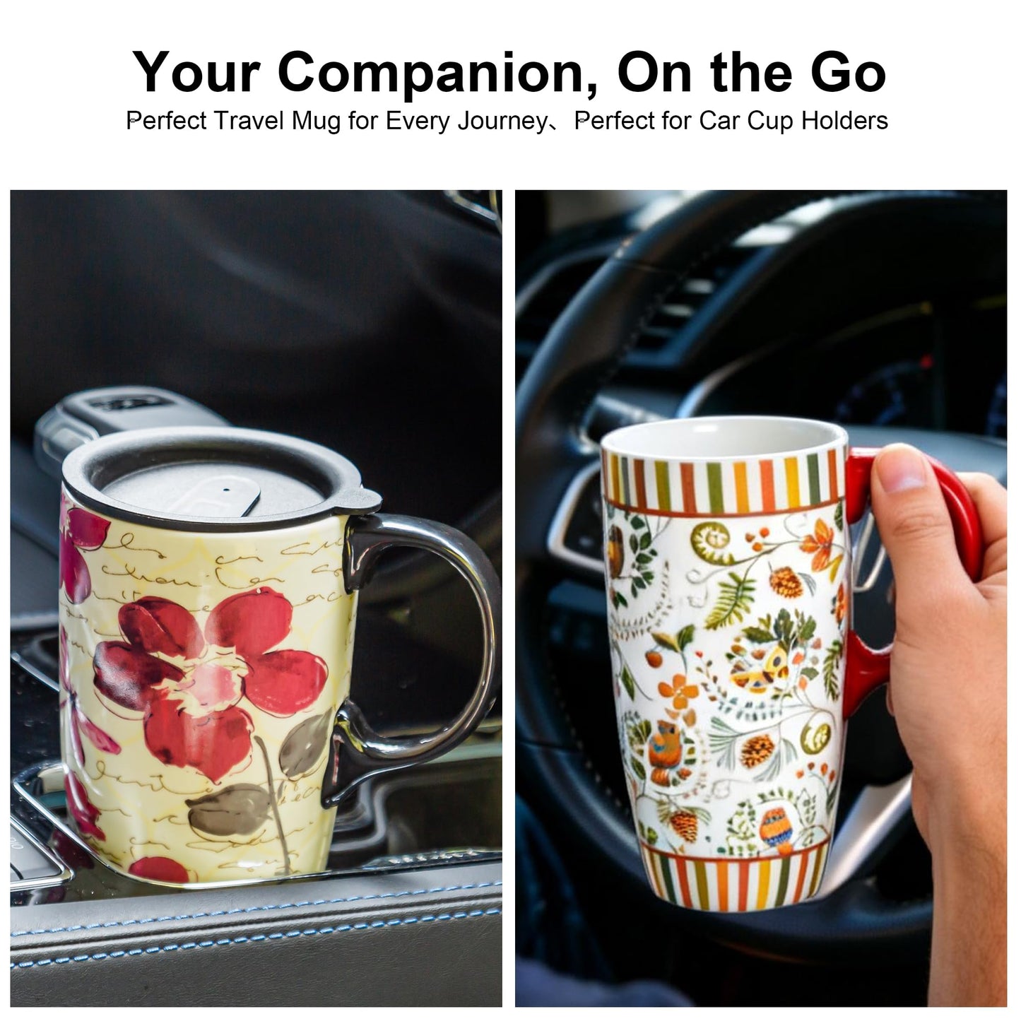 Topadorn Ceramic Coffee Mug Set of 2, 17 Oz Tea Cups with Handle and Lid for Latte, Tea, Cappuccino, Milk, Cocoa, Microwave&Dishwasher Safe, Flowers and Forest