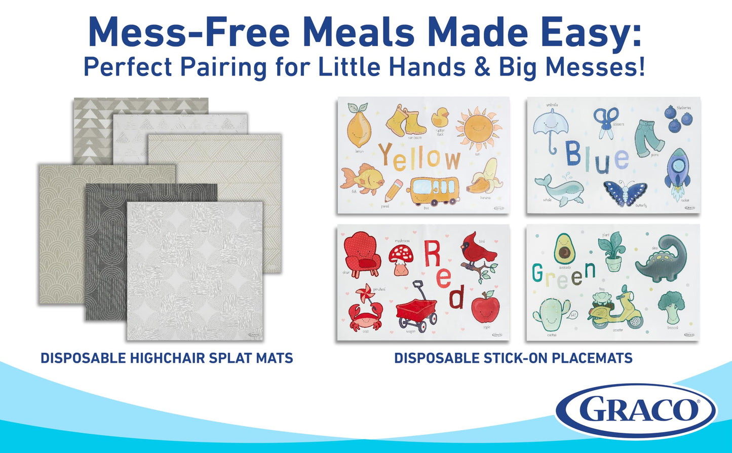 Graco Baby Disposable Splat Mats, 30 Sheets with Assorted Designs, 47" x 40", Eco-Friendly Floor Protector for Mealtime, Home & Restaurant Use