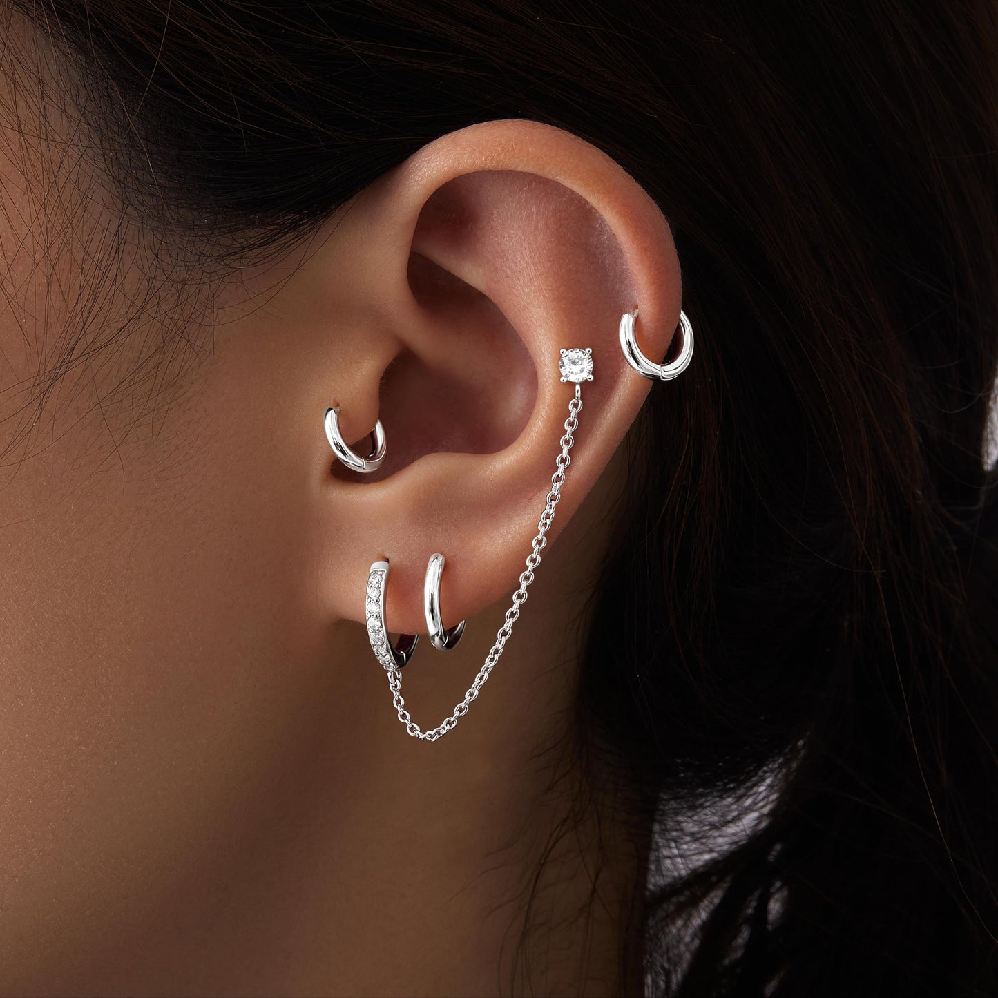 Silve Chain Hoop Stud Earrings for Women, Huggie Small Stack Cartilage Chain Hoop Earring Sets for Multiple Double Piercing, Conch Helix Rook Tragus Daith Piercing Silver Clip On Jewelry Set Gifts