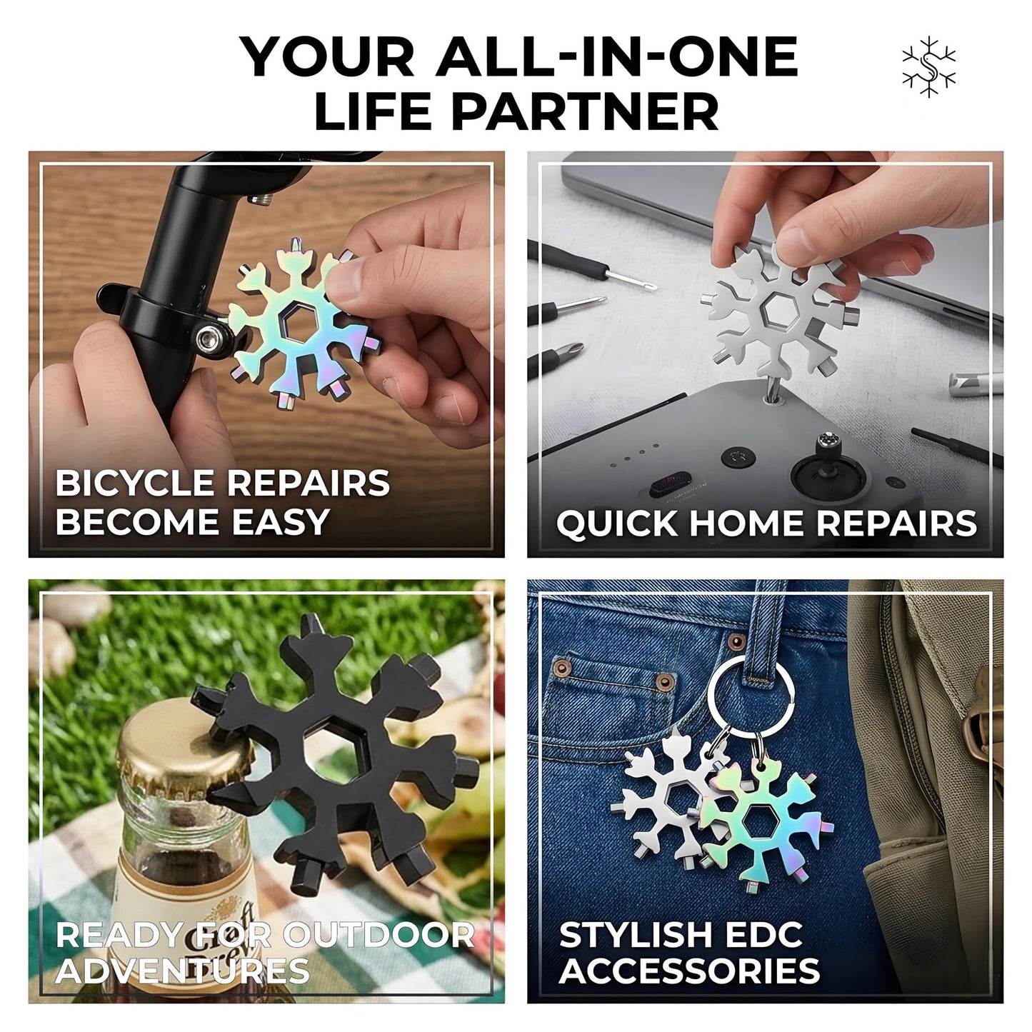 3Packs Snowflake Multi Tool, 18-in-1 Stainless Steel Snowflake Multitool for Bottle Opener and Flat Phillips Screwdriver Kit/Wrench,for Men Adults Da (3 PCS-A)