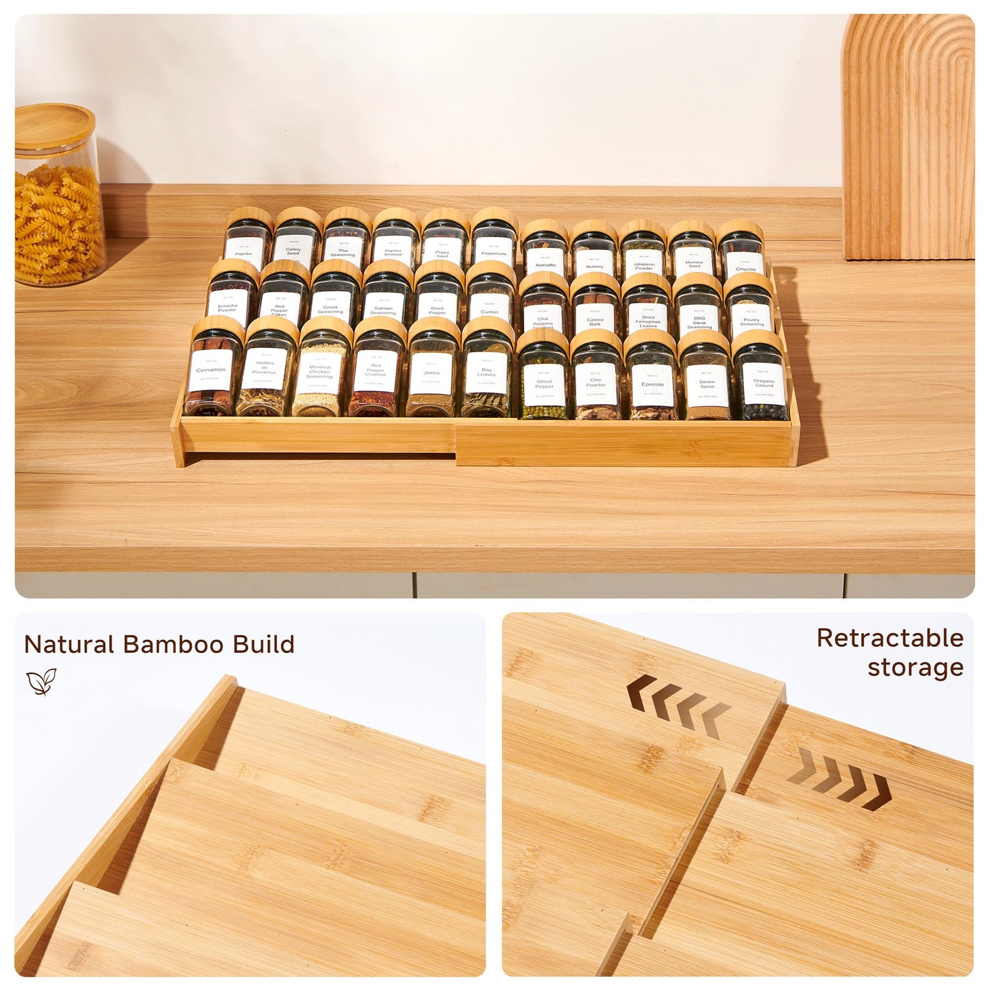 KitHero Expandable 3-Tier Bamboo Spice Rack Organizer (12"-21" W, 13.5" D, 3.7" H) Adjustable for Kitchen Drawers, Cabinets, Countertops, Pantry Shelves & Cupboards, No Jars Included