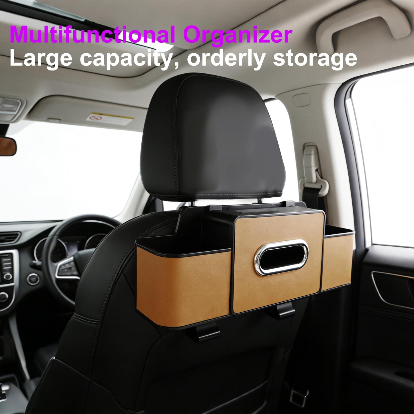 Amooca Back Seat Car Organizer, 4+2 in 1 Multifunctional Car Backseat Storage Box with 3 Cup Holders Tissue Box Hook, Car Interior Storage for Travel Phones Snacks Drinks(Brown)