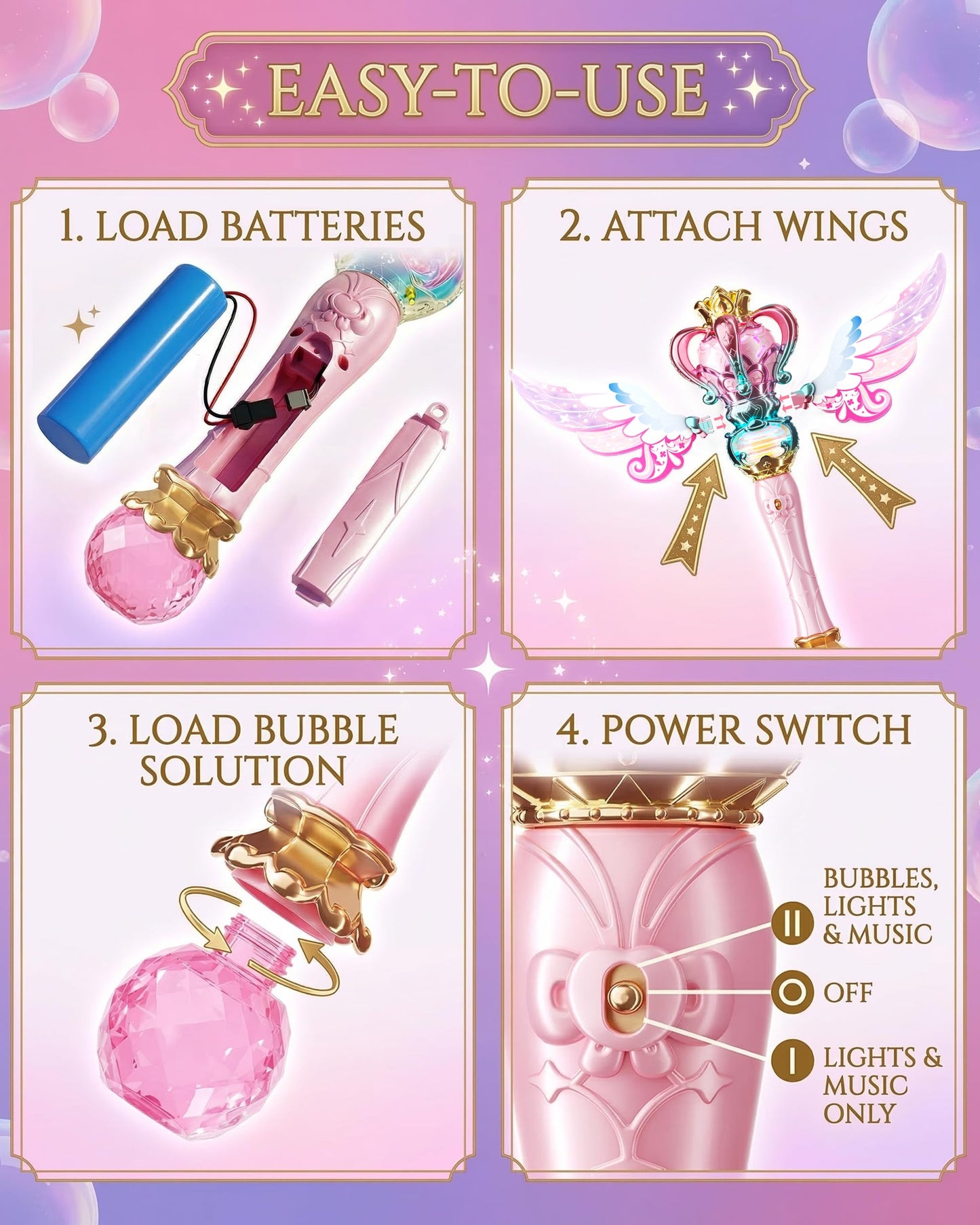 Uregoio Princess Bubble Wand for Girls - Rechargeable Spinning Light Up Magic Fairy Scepter Bubble Machine Toy with 12 Bubble Refills & Music, Easter Birthday Gift for Kids Toddlers Age 3-8 (Pink)