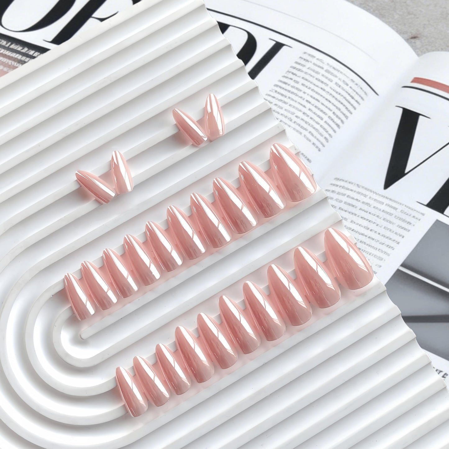 Flesh Pink Press On Nails Almond - KQueenest Chrome Press On Nails Medium, Pearlescent Peach Fake Nails Press ons, Glitter Glue on Nails Medium Stiletto, Glazed Gel Stick On Nails for Women, 24 Pcs