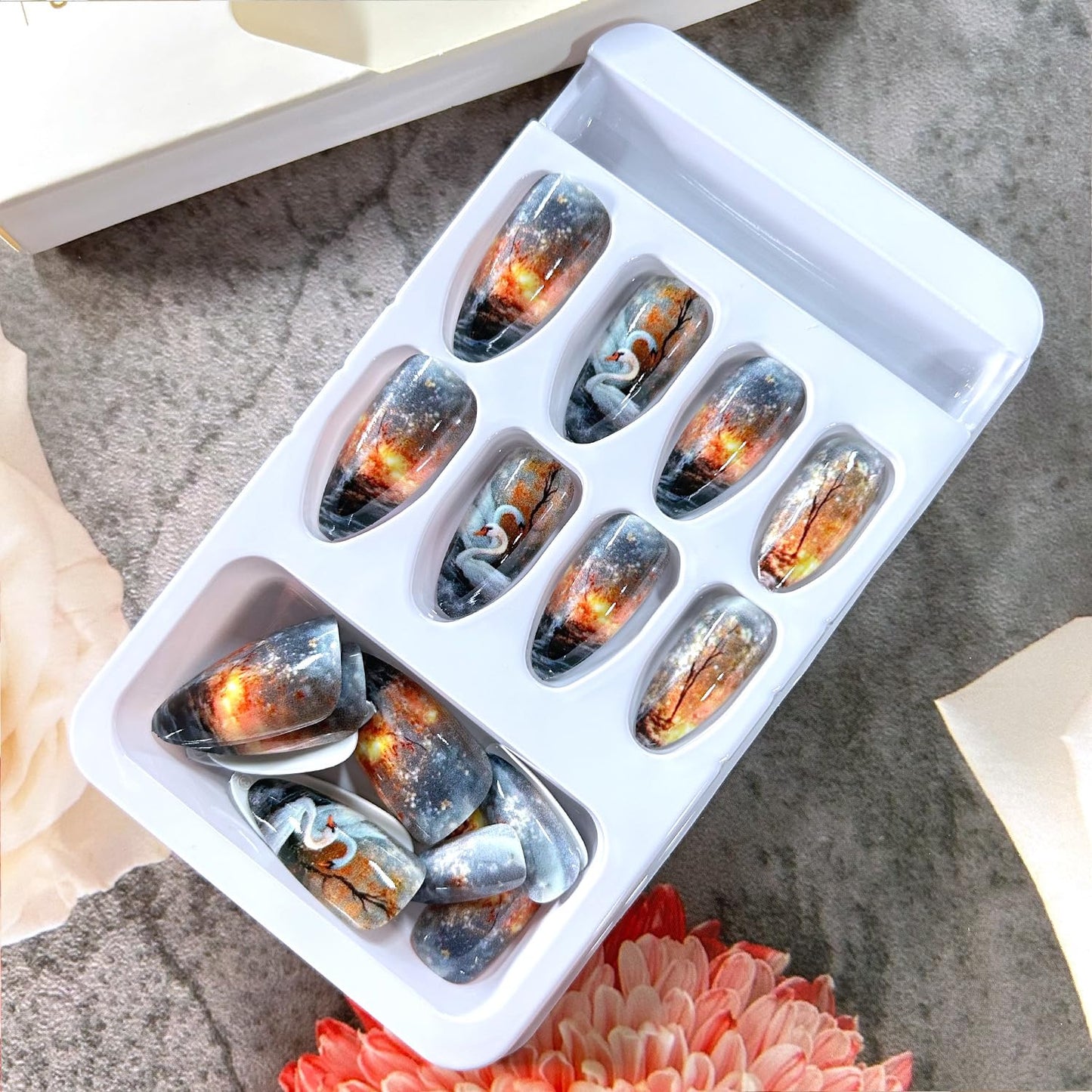 CJDLTS Press on Nails Almond Medium Swan Flame Jungle Pattern Design Full Cover Glossy Acrylic Fake Nail Smudge Almond Tip Artificial Fingernails 24Pcs Press Ons Medium Glue on Nails for Women