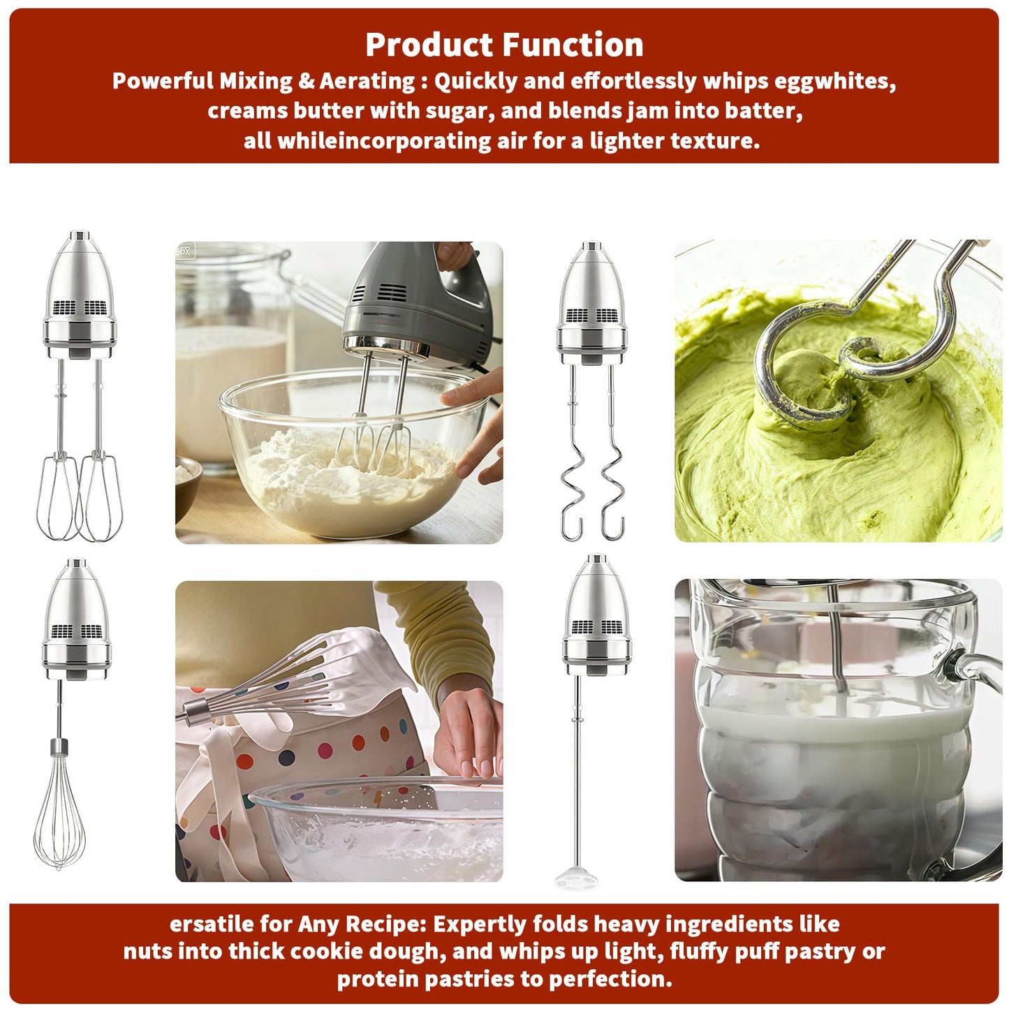 Hand Mixer Beaters Attachments for KitchenAid KHM512 KHM6118 KHM7210 KHM926, Including Turbo Beater, Pro Whisk, Dough Hooks, Blending Rod, Set of 6