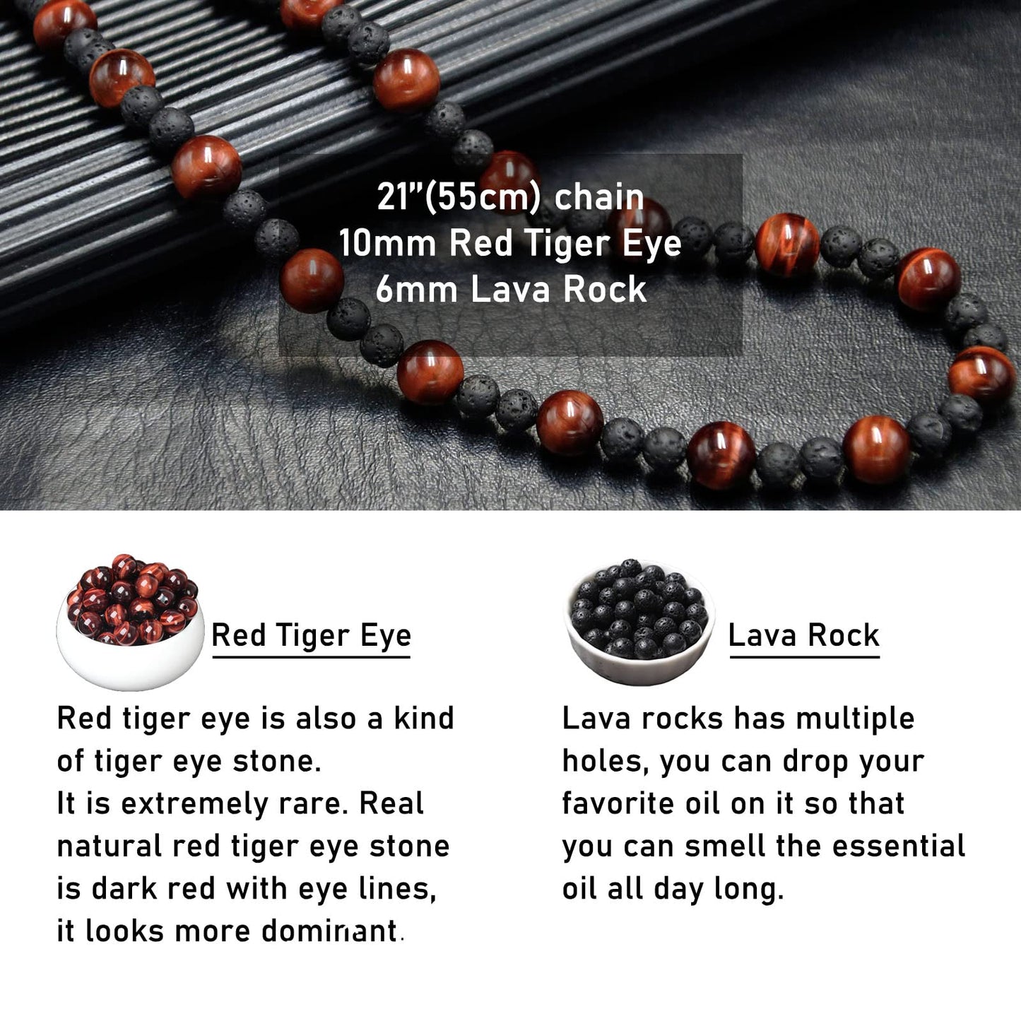 GENASTO Tiger Eye Necklace Healing Protection Crystals Stones Lava Rock Chakra Necklace for Men Women