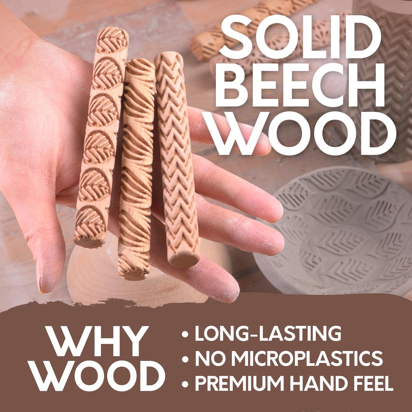 Byllstore Clay Texture Rollers | 10-Pack | 5 in x 0.65 in | Premium Wooden Pottery Tools | Set A