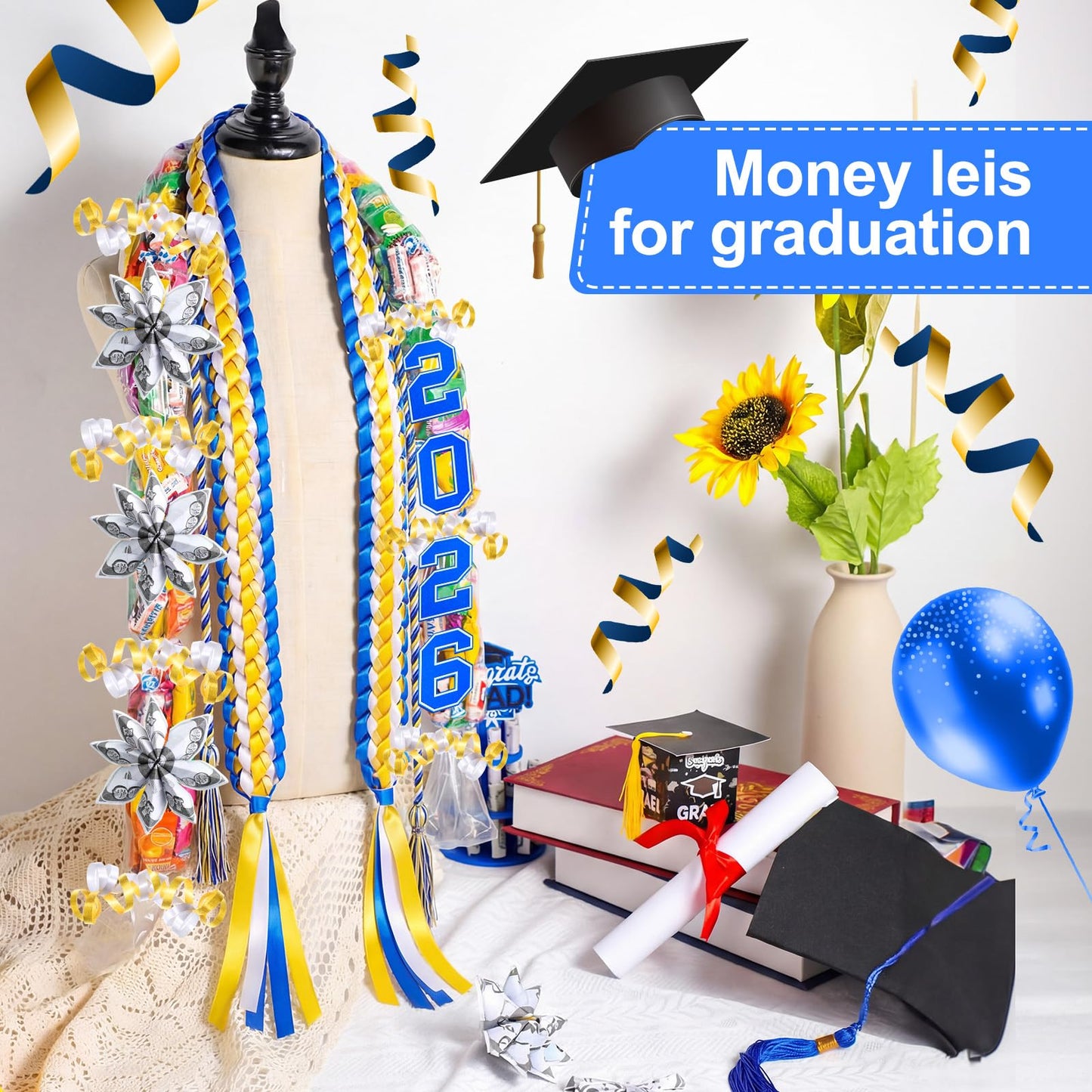 Spakon 13 Pcs Graduation Leis 2026 Graduation Candy Lei Kit Class of 2026 Ribbon Double Lei Necklace Party Accessories(Blue,White,Gold)