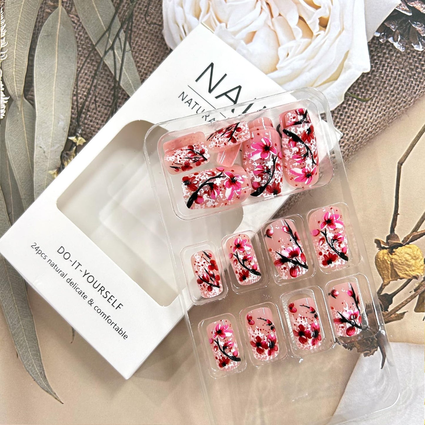 Flower Press on Nails Medium Square Nails Pink False Nails Artificial Coffin Nails Glitter Powder Design French Stick on Nails Full Cover Spring Fake Nails Acrylic Glossy Glue on Nails for Women