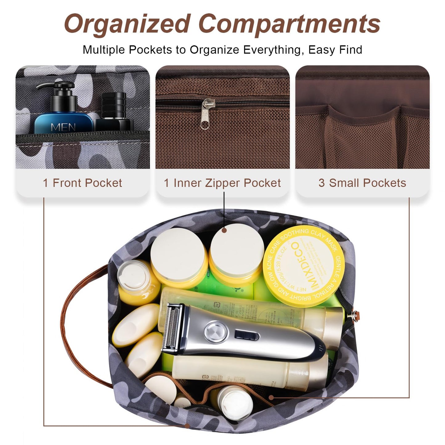 Ezday Travel Toiletry Bag for Men, Hanging Toiletry Organizer, Water Resistant Shaving Kit with Large Capacity for Travel Accessories (Camo-Gey, Medium)