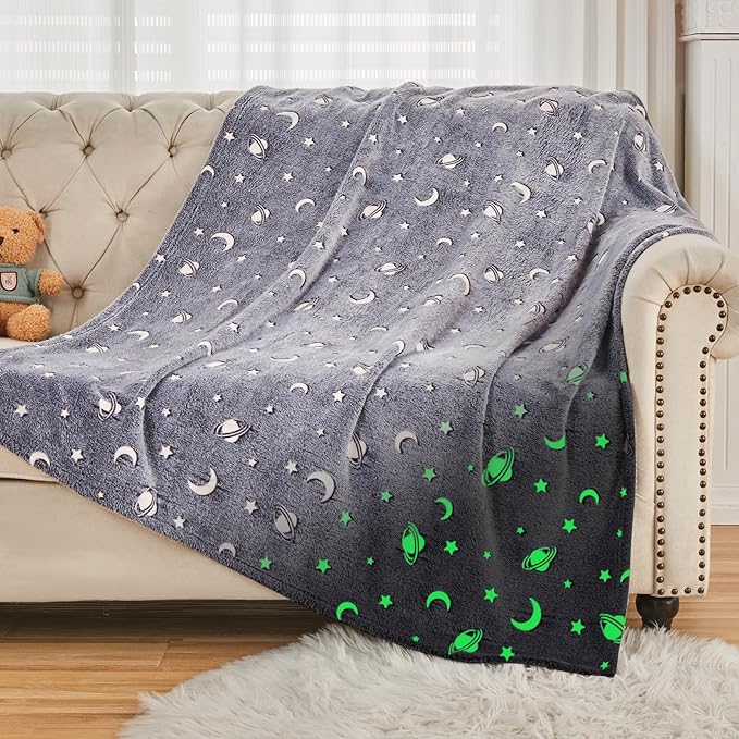 SOCHOW Glow in The Dark Throw Blanket 50 x 60 Inches, Galaxy Stars Pattern Soft Cozy Flannel Fleece Blanket for Sons Daughters, All Seasons Grey Presents Blanket for Preteens Teens