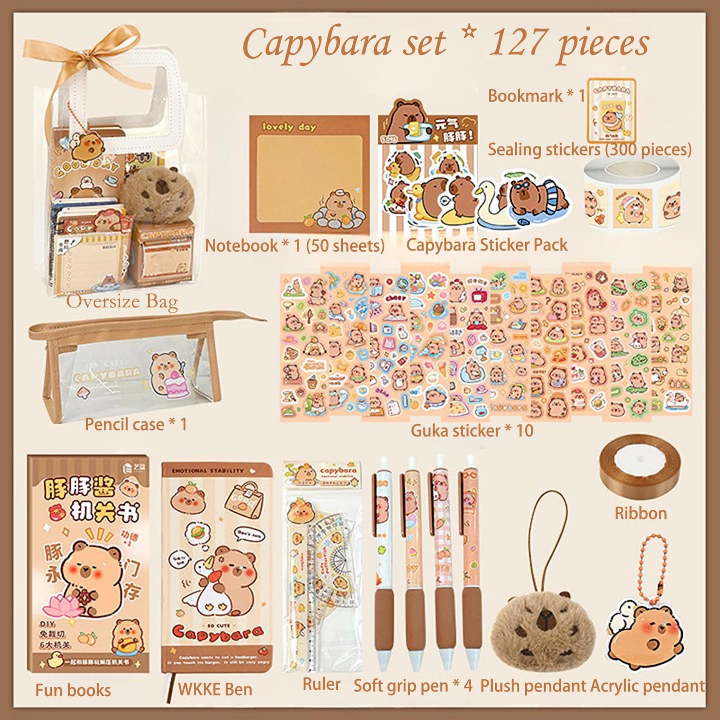 ERANC Capybara Stationery Set for Girls – Cute School Supplies Gift Bundle with Pencils, Notebook, Triangle Ruler, Stickers, Notepad, and Keychain Charm – Nice Gift for Kids (127Pcs)