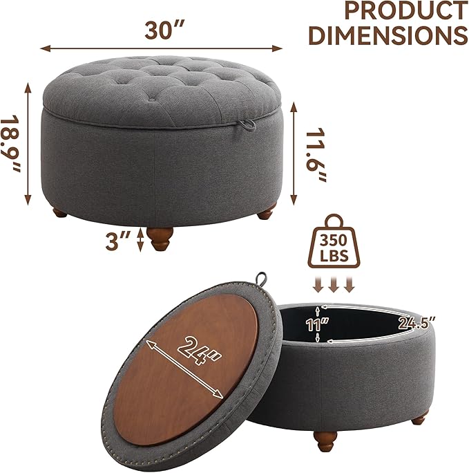 30Inch Round Storage Ottoman with Tray, Modern Tufted Fabric Circle Coffee Table with Storage, Upholstered Ottoman with Removable Top for Living Room, Bedroom, Dark Grey