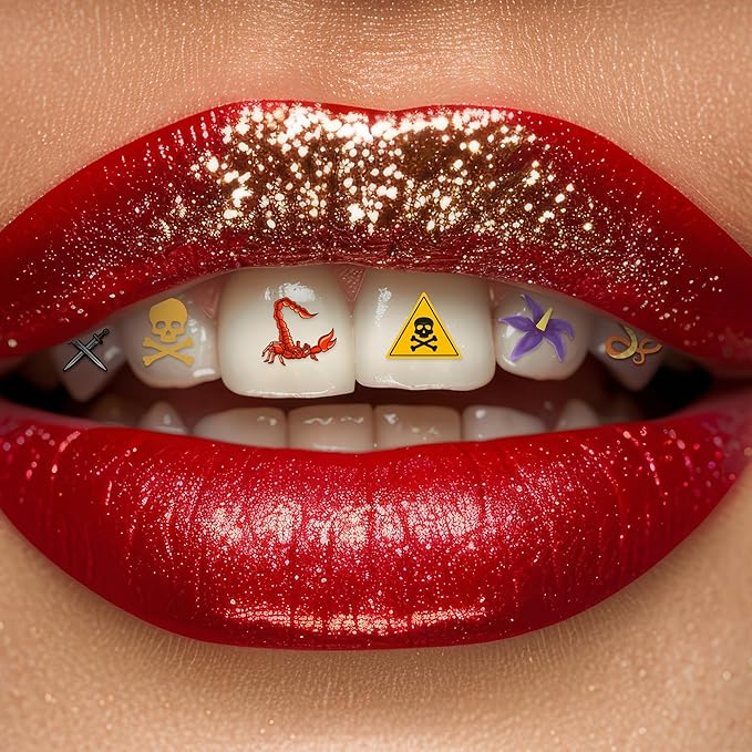 Halloween Tooth Bling Tattoo – Temporary Tooth Gem Kit for Teeth – Safe for Teens & Adults, Removable Fun Fake Tooth Tattoo Stickers for Halloween Costume, Party & Cosplay (Risky)