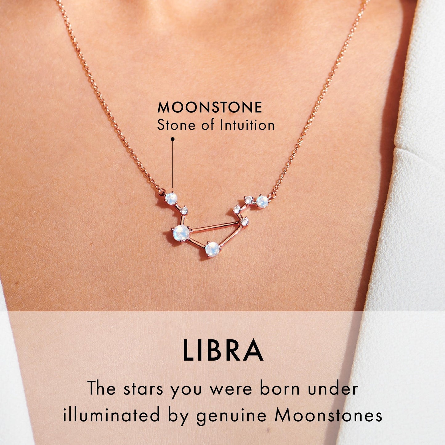 Moon Magic Moonstone Necklace - Libra Zodiac Constellation / 925 Sterling Silver - 18k Rose Gold - Yellow Gold Rainbow Moonstone Necklaces for Women/Authentic Rainbow Crystal Jewelry