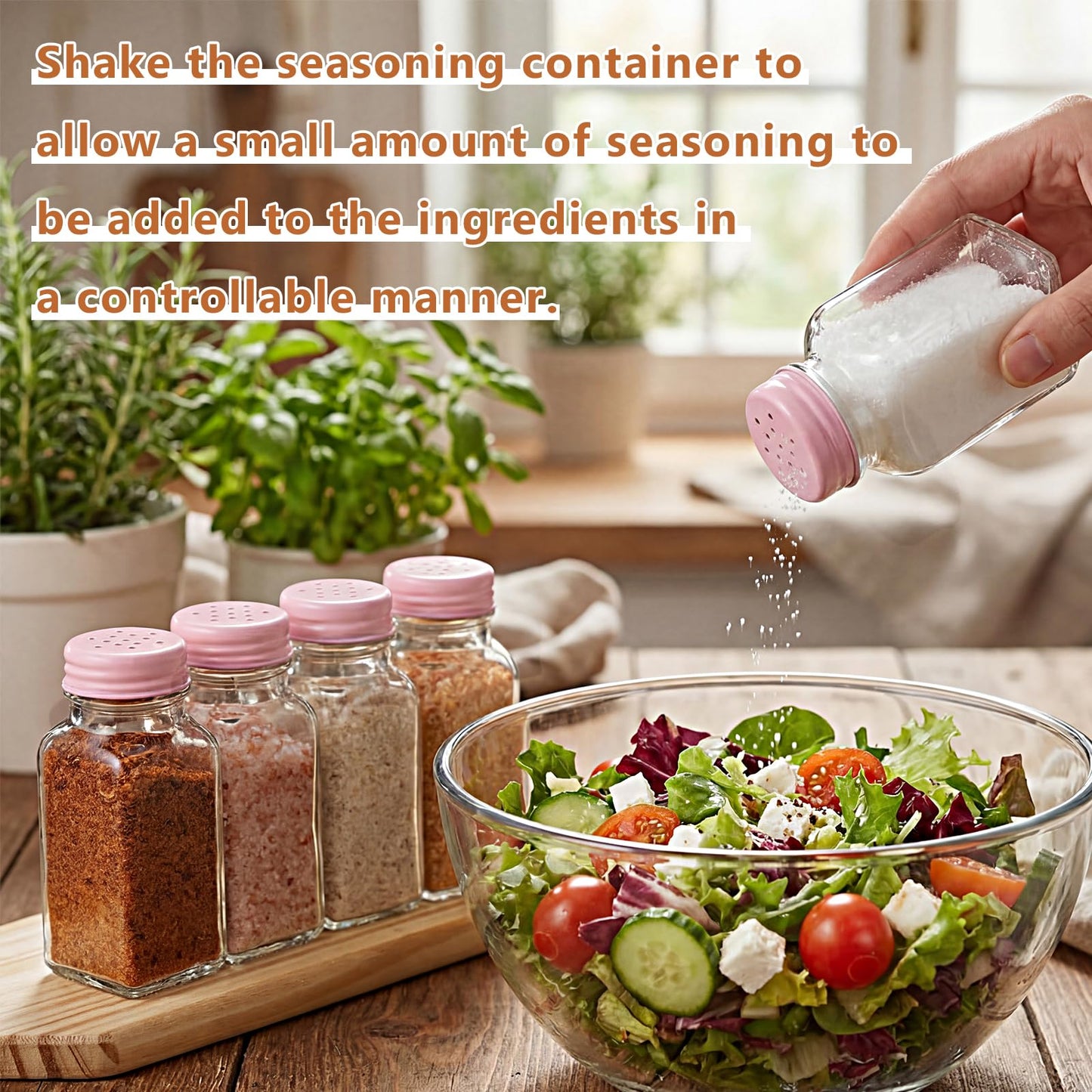 Bokon 48 Pack Glass Salt Shaker Bulk with Stainless Lids 2.7oz Small Spice Shaker for Kitchen Restaurants and Catering Wedding Party Supplies (Pink,Classic)