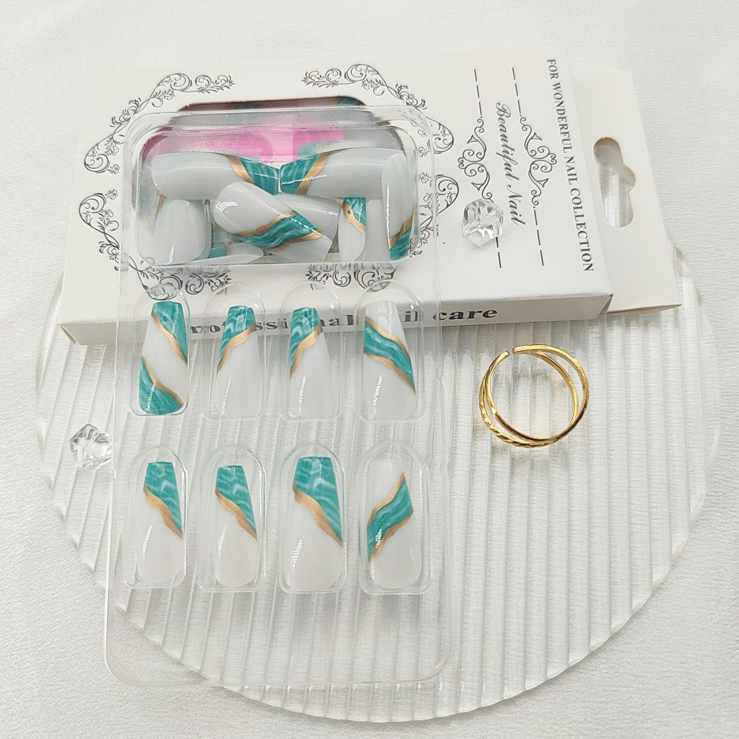 Coffin Press Ons Medium Fake Nails - Gold Line Designs, Light Blue Smudge Nails, Press Ons with White Glue, Glossy Full Cover Artificial Stick On Nails - 24PCs