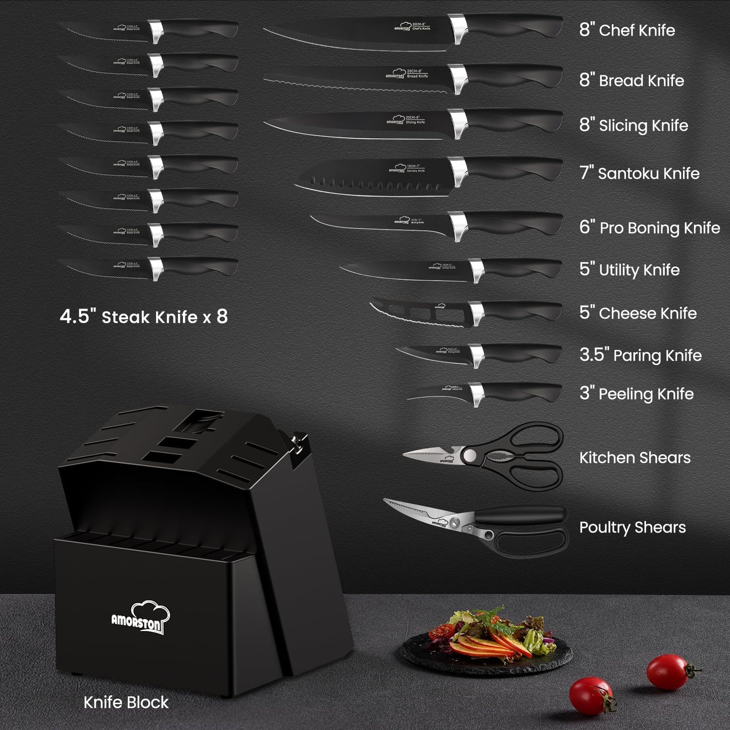 Knife Set, Amorston 21 Pieces Kitchen Knife Set with Block and Sharpener, Ultra-Sharp Knives Set with Ergonomic Handles, Black German Stainless Steel Knife Block Set, Dishwasher Safe