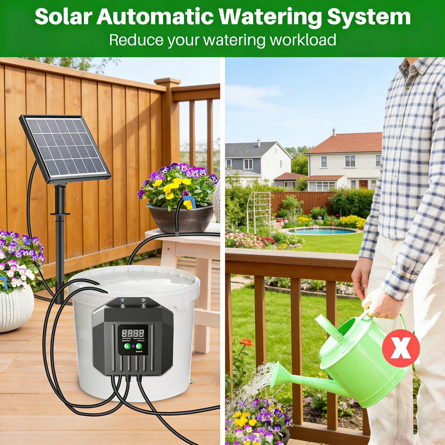 Biling 3W Solar Powered Drip Irrigation System, Digital Programmable Automatic Watering Kit with 2200mAh Battery for 15 Potted Plants, Indoor/Outdoor Use for Garden, Patio, Greenhouse