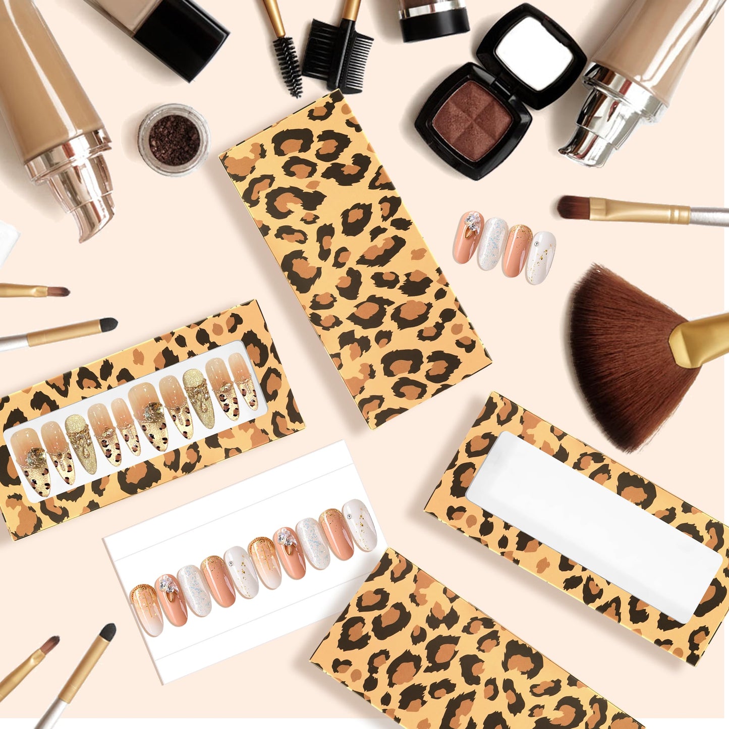 HLQHXWHZT 71 Pcs Include 35Pcs Empty Press on Nails Packaging Box 35 Pcs White Background Papers and 1 Double Sided Tape, Empty Nail Package Box Set for Press on Nail Business(Brown Leopard)