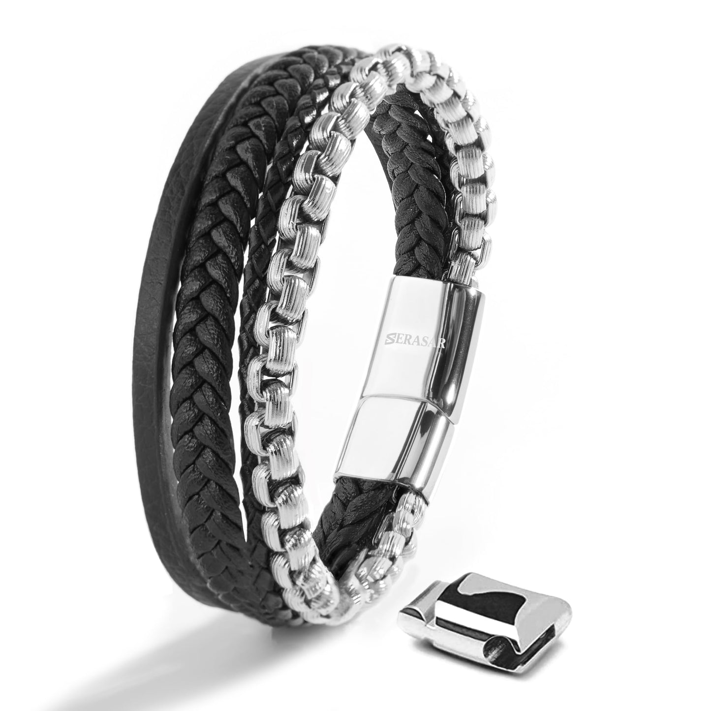 SERASAR Mens Leather Bracelet 17cm Silver Presents Men Gift Box Cowhide Braided Magnetic Clasp Multi Layer Wrap Rope Mans Male Bracelets Band Jewelry Magnet Accessories