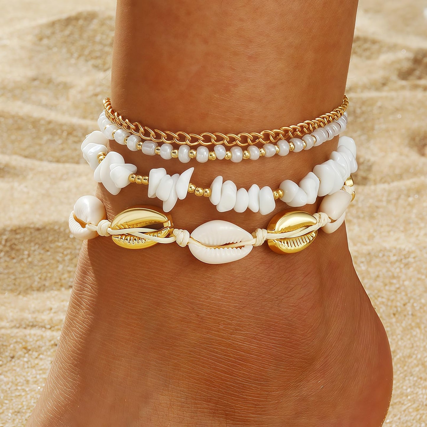 Qceasiy Shell Ankle Bracelet Set for Women, Gold Plated Boho Bead Adjustable Anklet, Hawaiian Beach Seashell Pearl Heart Starfish Conch Foot Jewelry Gifts (Stone Shell 4Pcs)