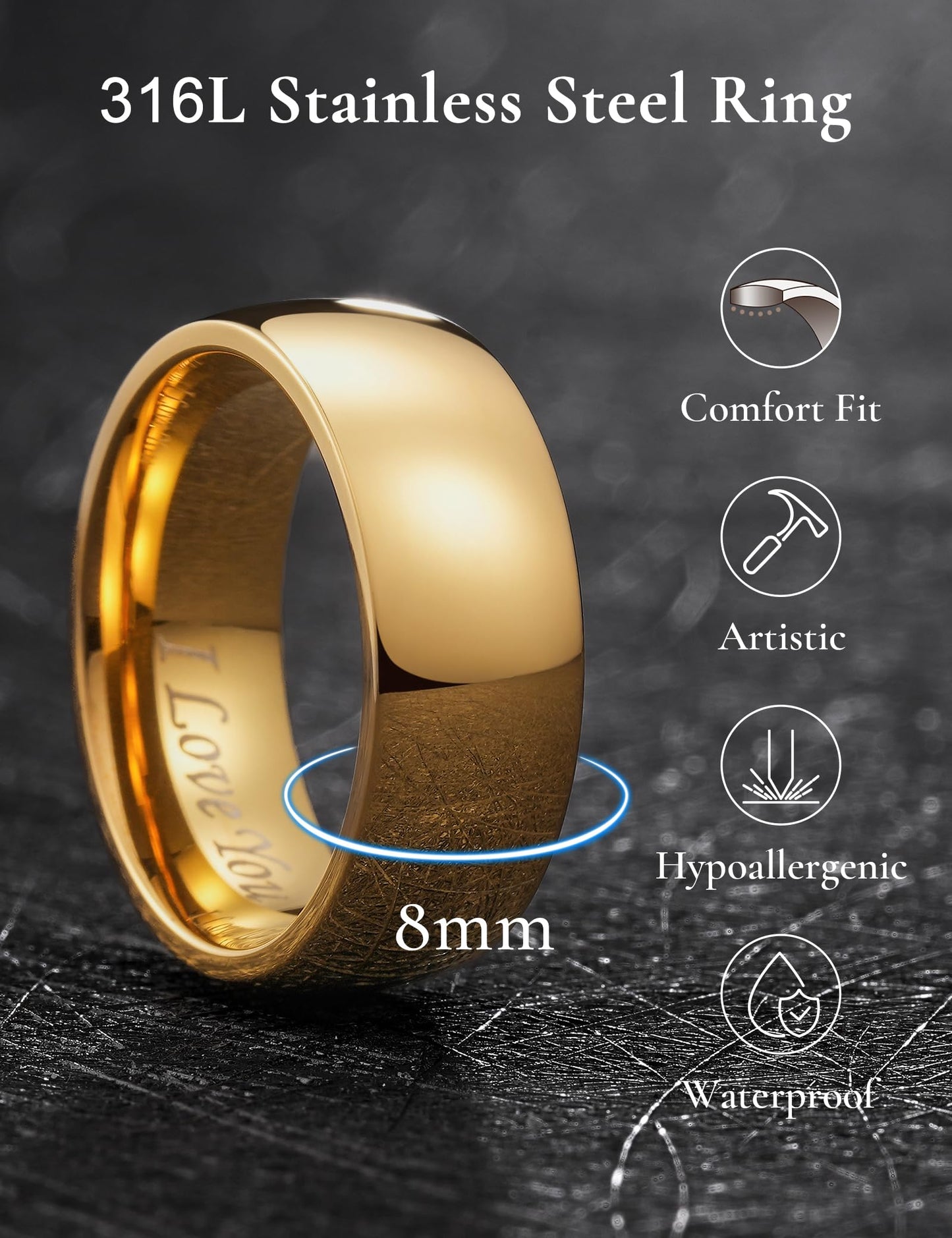King Will 316LStainless Steel Wedding Ring for Men Women-8mm Width Gold Plated Wedding Band Domed Style Comfort Fit and Durable Size 11