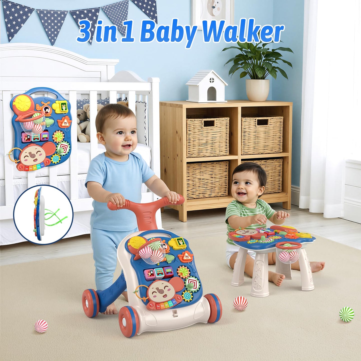 QDRAGON 3 in 1 Baby Walker and Activity Center for Boy, Learning to Walk, Sit to Stand, Early Educational Push Toys with Music Panel for Infant Toddler 12-18 Months Blue