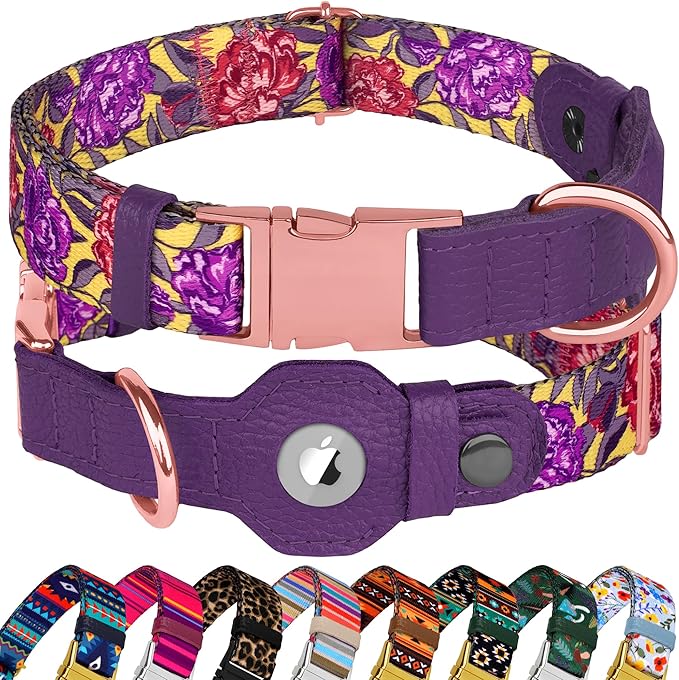 AirTag Dog Collar for Small Medium Large Breed - Adjustable Cute Pattern Dog Collar with Airtag Holder - Soft Leather Tracker GPS Apple Air Tag Pet Collars (X-Large, 20"-25" Neck Fit, Navajo)