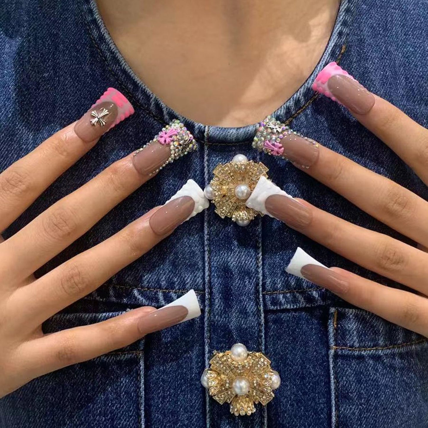 10PCS/SET Glamorous Handmade Press on nails Glitter Rhinestone Duck-Billed Party Nails Party Nails Artifical Tips