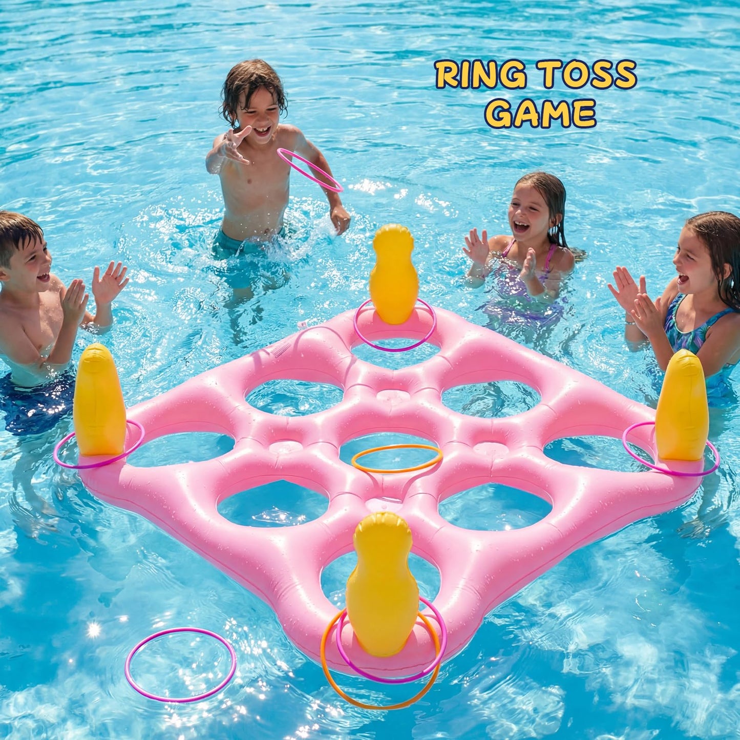 ECHTPower Tic-Tac-Toe Pool Toys Games - 2-in-1 Giant Inflatable Pool Floats with Ring Toss Set and 10 Balls, Fun Summer Party Water Beach Float Pool Game for Adults Teens Kids (Pink)