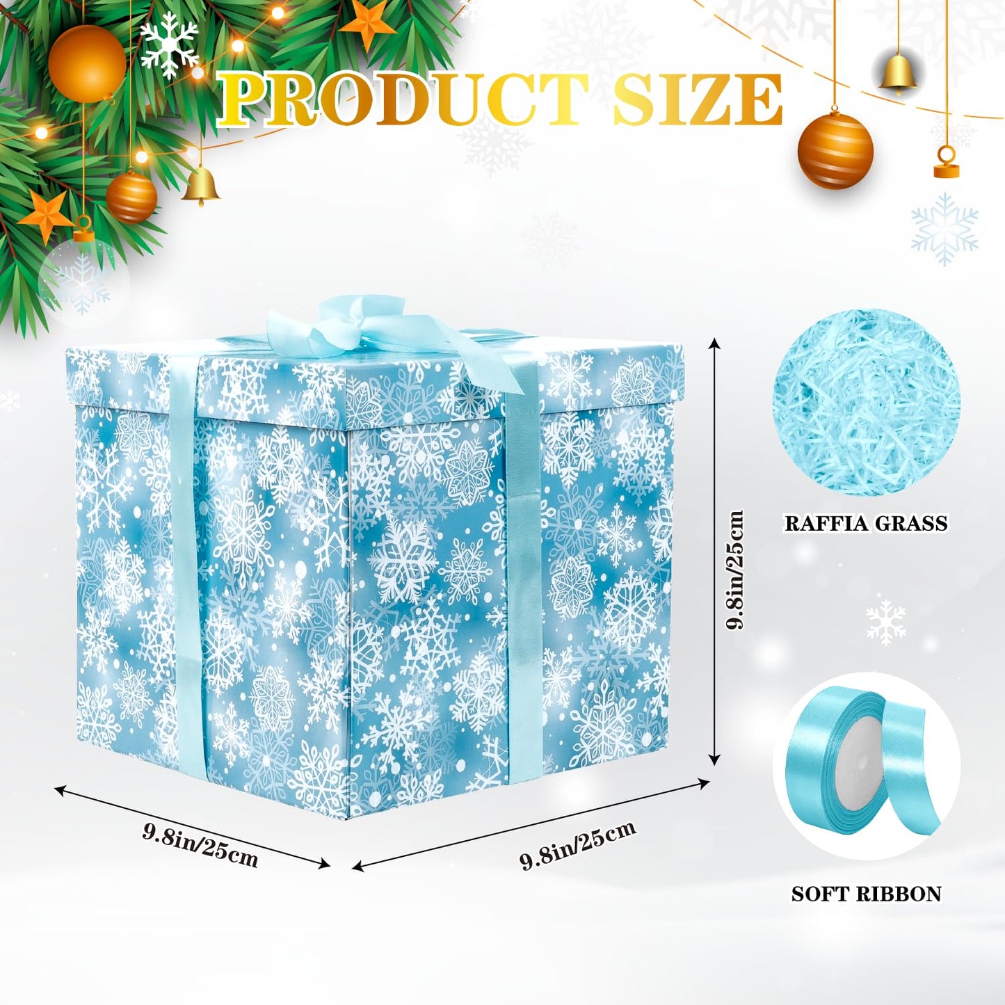 Jaywayang 10" Large Christmas Gift Box with Lid and Ribbon, Blue Snowflake Gift Box with Paper Filler for Holiday Xmas Presents Wrapping.