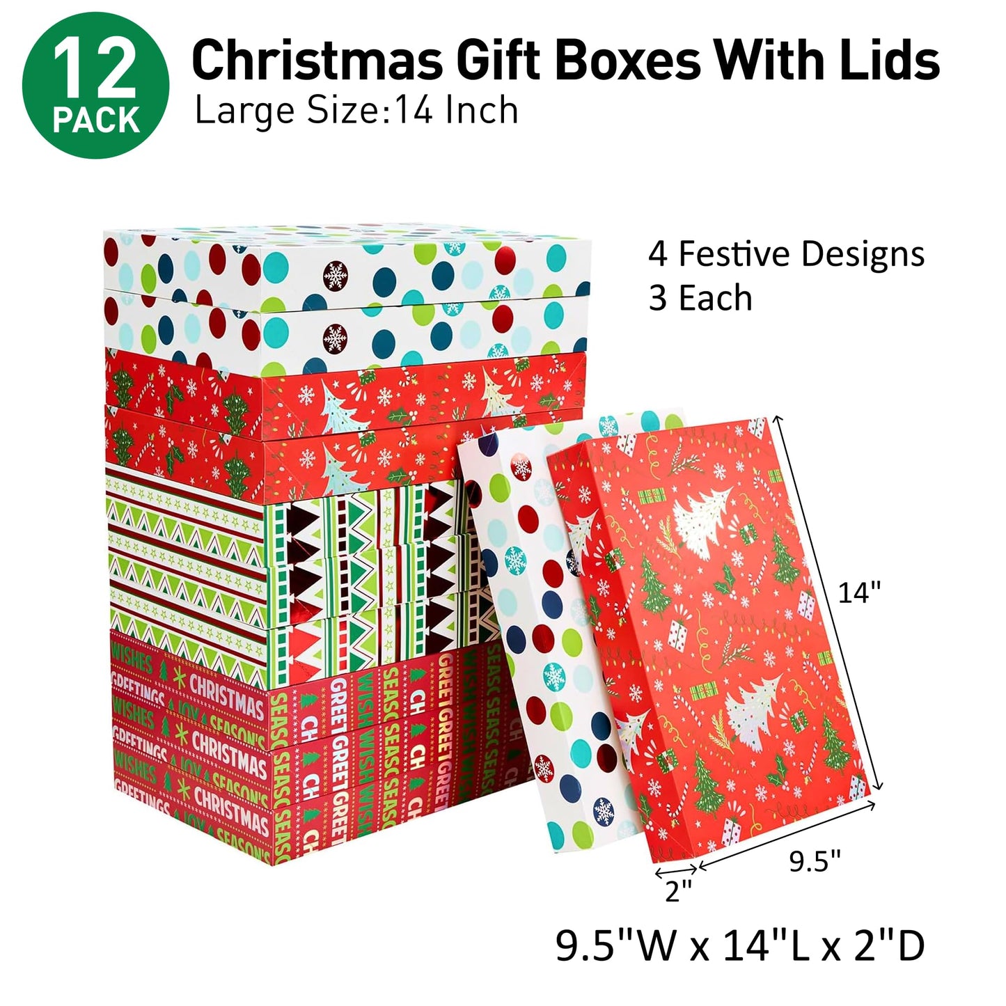 SUNCOLOR Christmas Gift Boxes with Lids For Clothes Presents, 14x9.5x2 Inch, Cardboard, 4 Festive Designs, 12 Pack