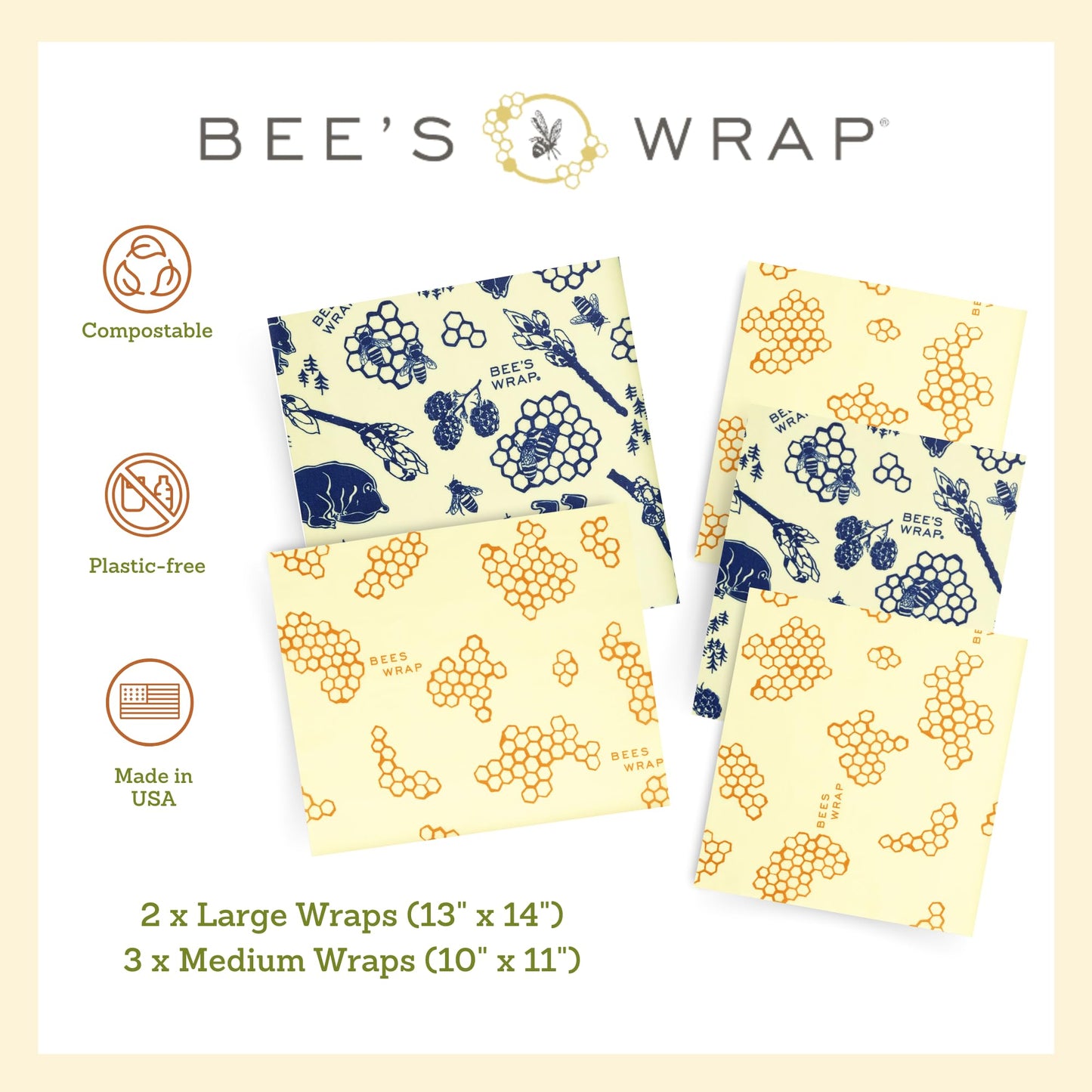 Bee's Wrap Beeswax Wraps for Food - Assorted 5 Pack of Beeswax Wraps - 2 Large & 3 Medium Wrap - Plastic Free Made in USA Reusable Natural Food Wrap - Honeycomb & Bees + Bears