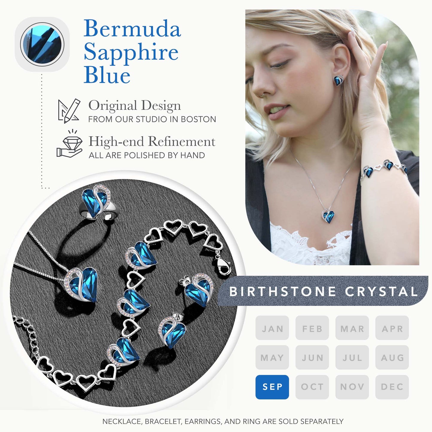 Leafael Infinity Love Heart Gift Bracelet for Women, September Birthstone Crystal, Bermuda Sapphire Blue, Silver Tone, 7-inch Chain and 2-inch Extender