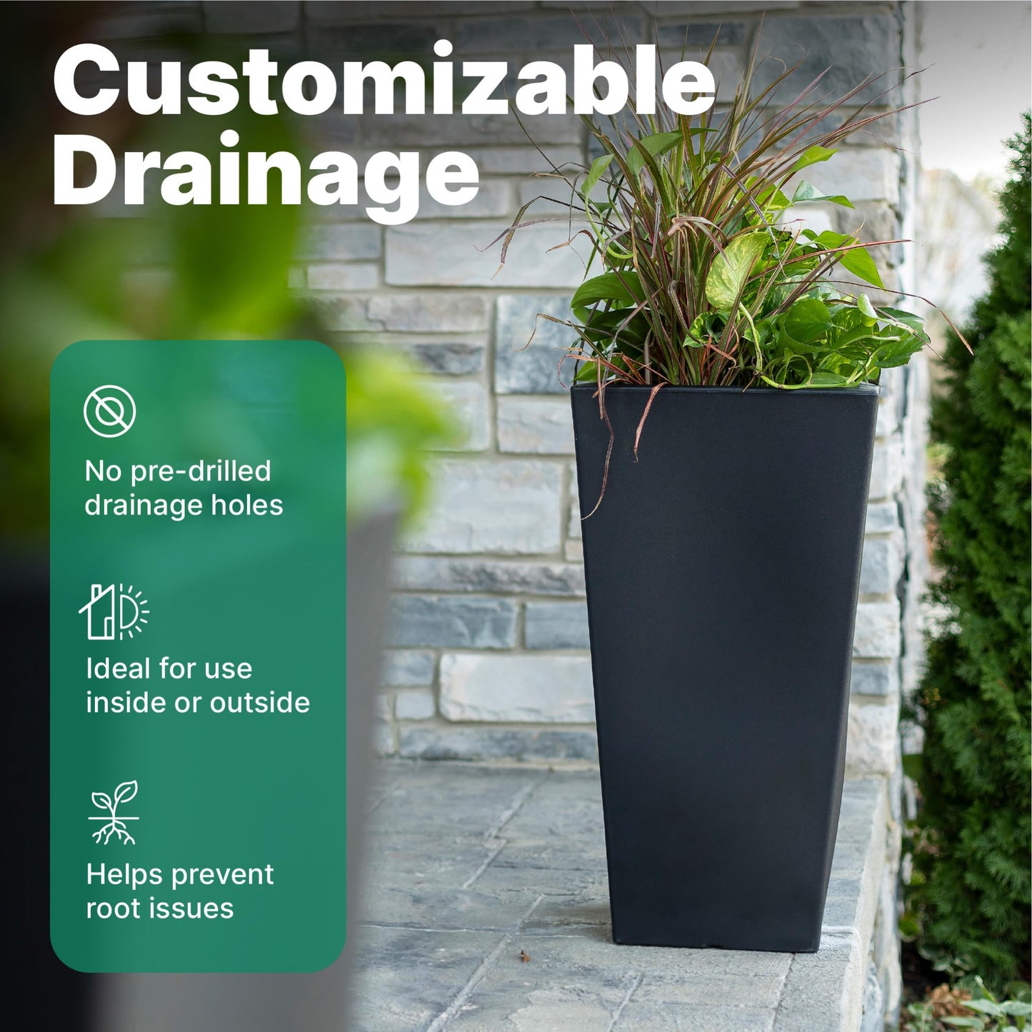 Step2 Tremont Tall Square Tapered Planter, 28", Indoor/Outdoor Plants, Efficient Drainage, Durable Resin, Onyx Black