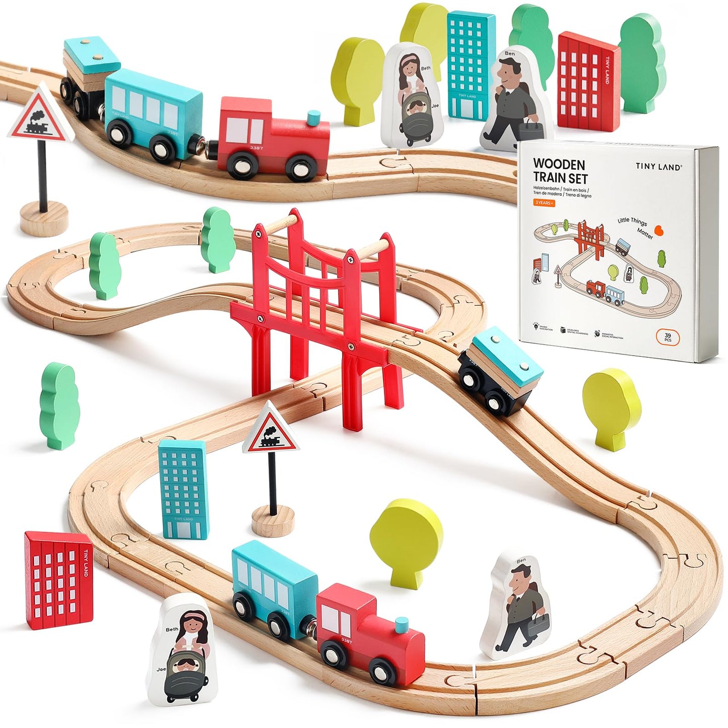 Tiny Land Wooden Train Set for Toddler - 39 Pcs- with Wooden Tracks Compatible with Major Brands - Expandable, Changeable-Train Toy for 3 4 5 Years Old Girls & Boys