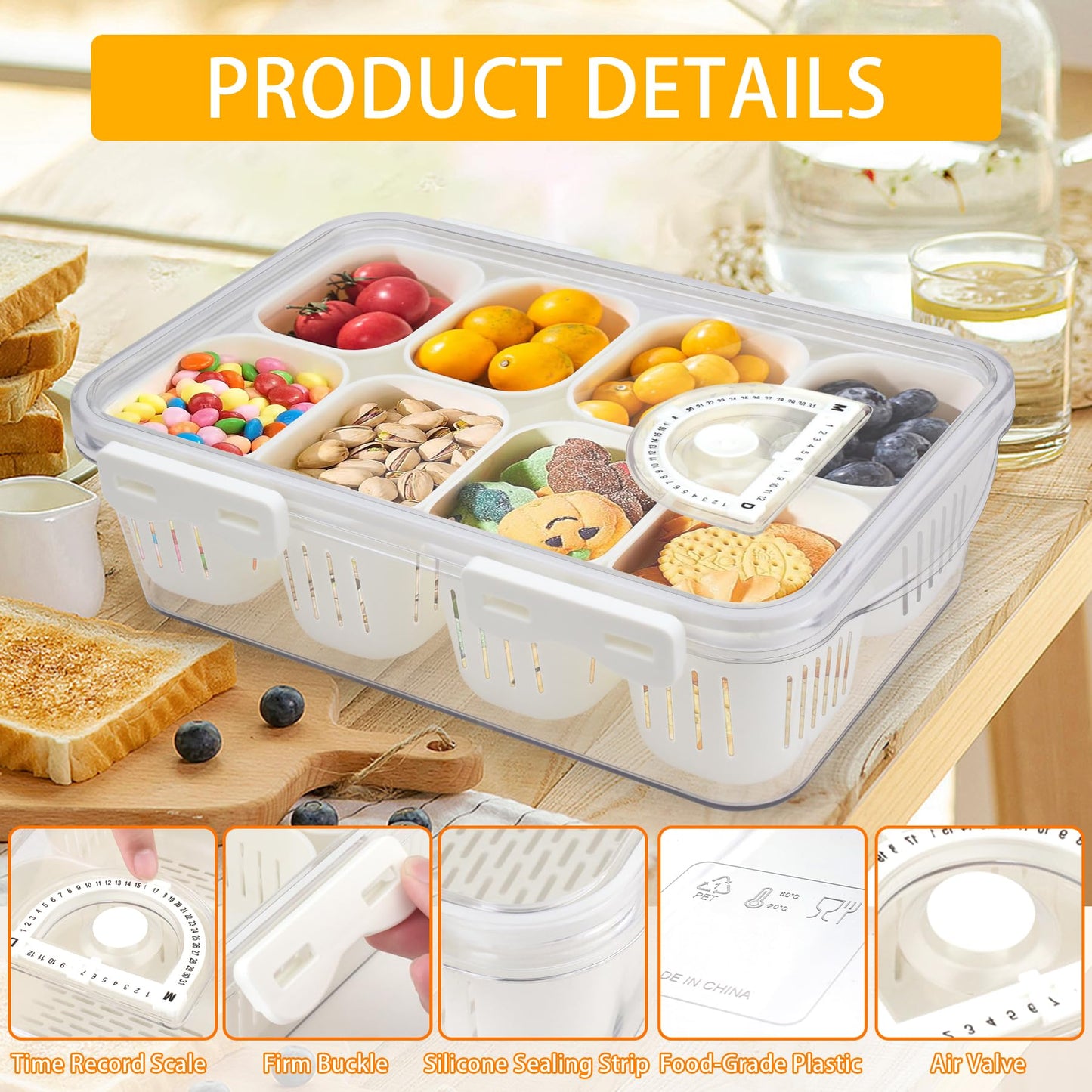 Snackle Box - Divided Serving Tray with Lid - Snackle Box Charcuterie Container with 8 Compartments, Snack Tray for Fruit, Candy, Veggies, Nuts, Cracker, Chips - Perfect for Party, Travel, Picnic