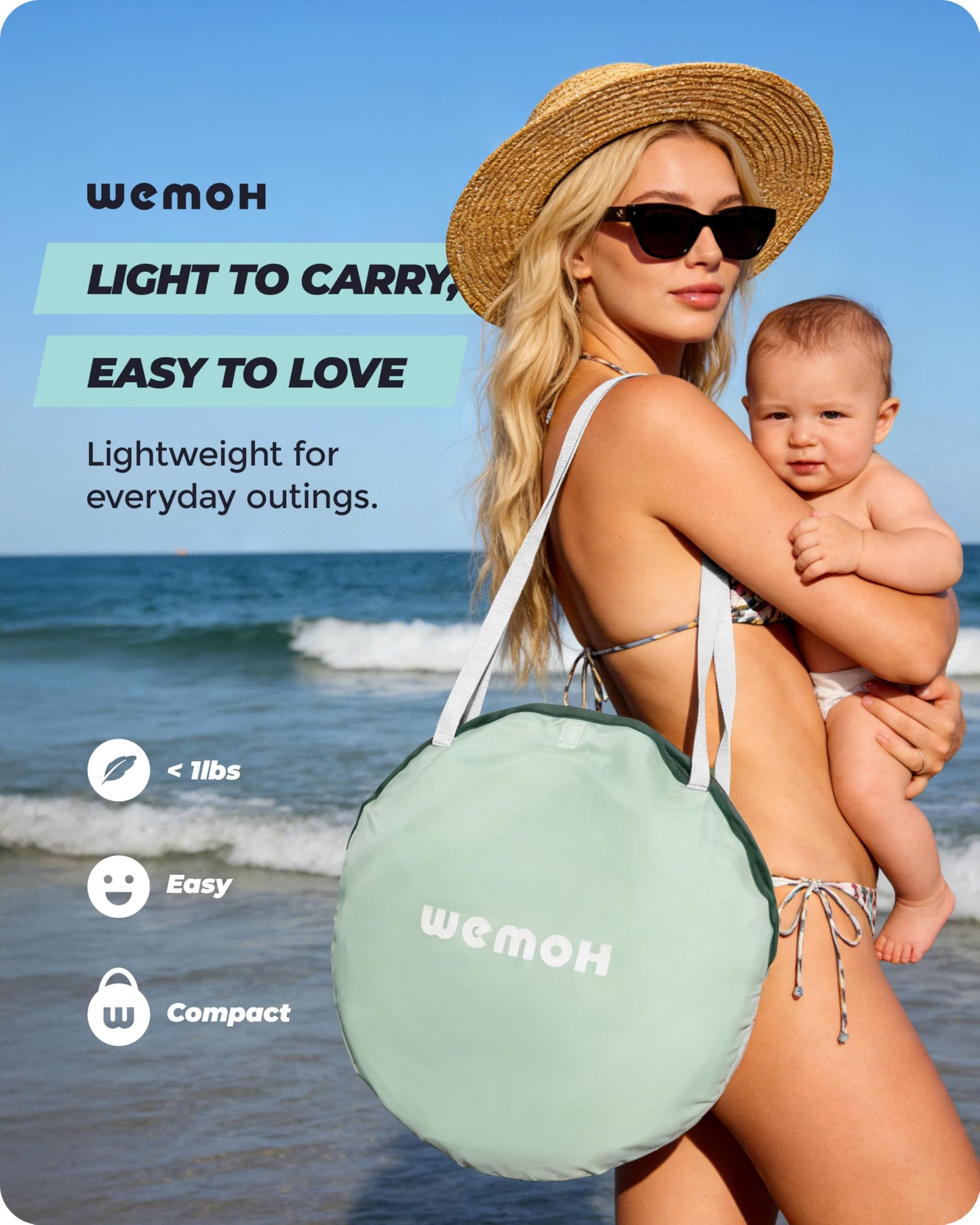 WEMOH Baby Beach Tent, 2026 Upgrade Pop Up UPF 50+ UV Protection Sun Shelter Canopy with Mosquito Net Portable Outdoor Shade Summer Essentials for Babies & Toddlers
