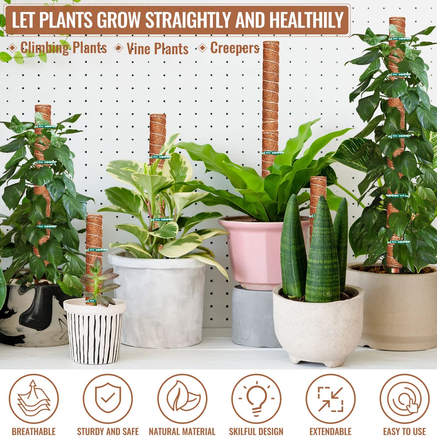 4 Pcs 12 Inches Coir Totem Pole With 8 Pcs Adjustable Plant Twist Ties - Moss Stick for Creepers Plant Support Extension, Climbing Indoor Plants
