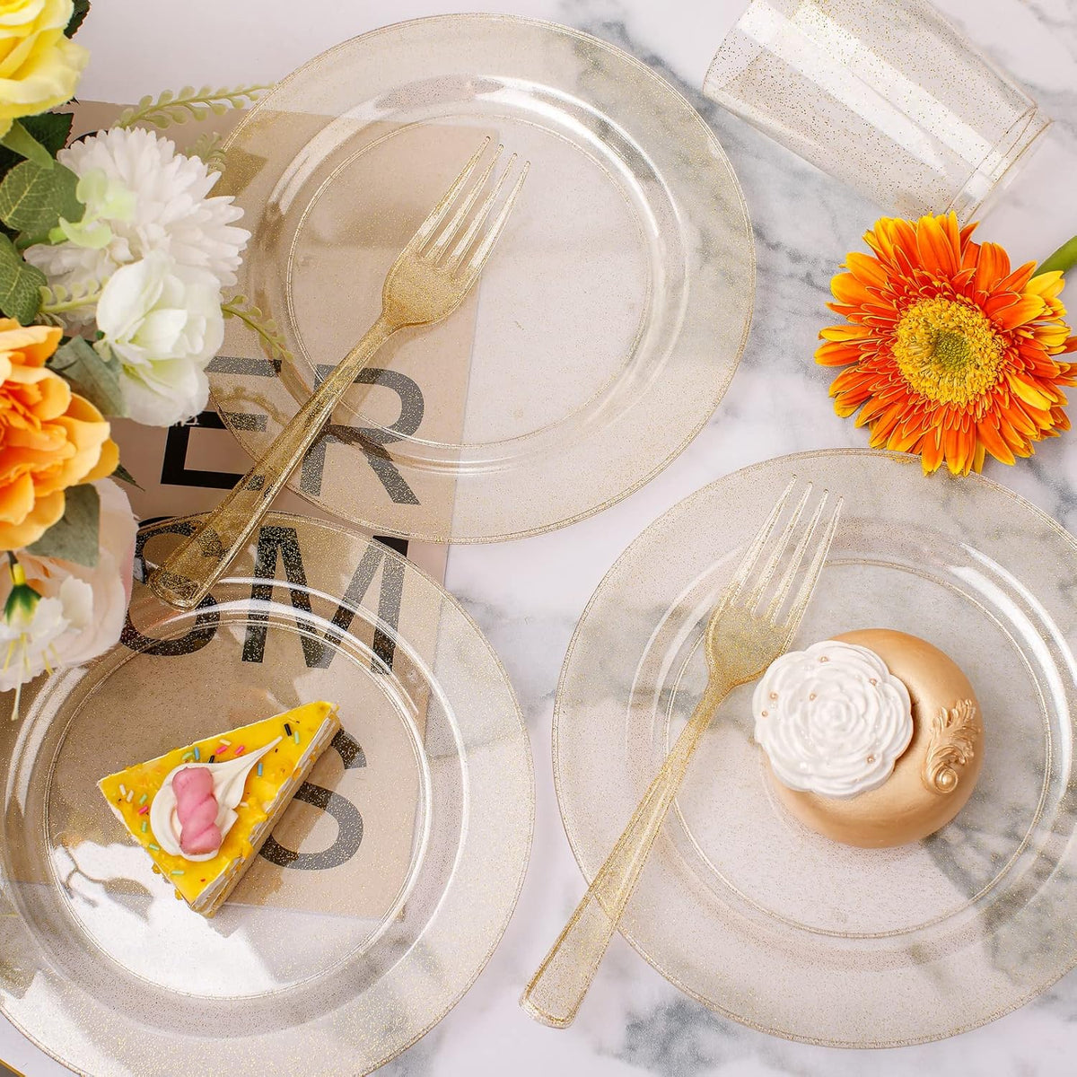 WELLIFE 150-Piece Gold Dessert Plates,Includes 50 Gold Glitter Party Plates,50 Cups & 50 Forks -Plastic Disposable Tableware Set for 50 Guests,Birthday Party,Wedding,Thanksgiving&Fall Decor