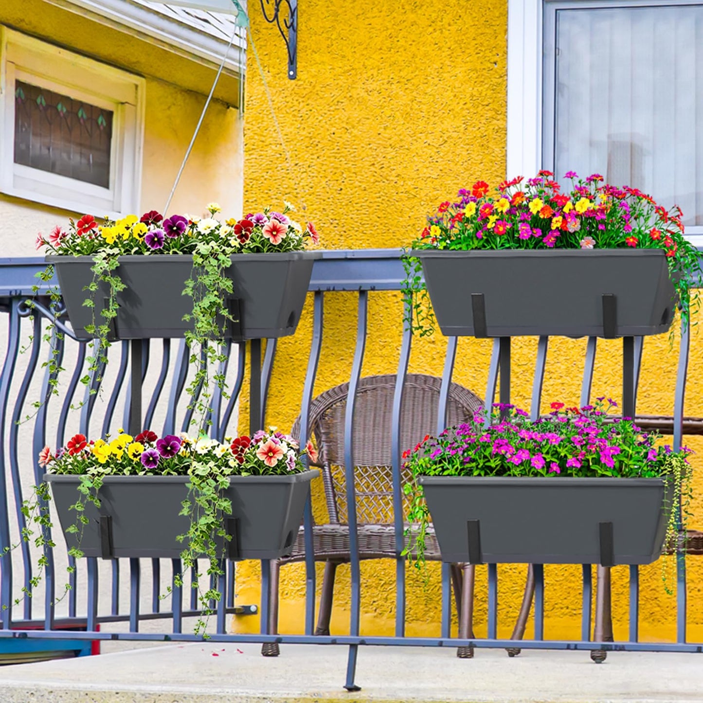 Deck Railing Planter Boxes 2 Tier Grey Window Boxes Planters Set of 2 with 4 Pack Rectangular Planter 16.9 Inch Outdoor Balcony Hanging Planters with Adjustable Brackets for Garden Porch Patio