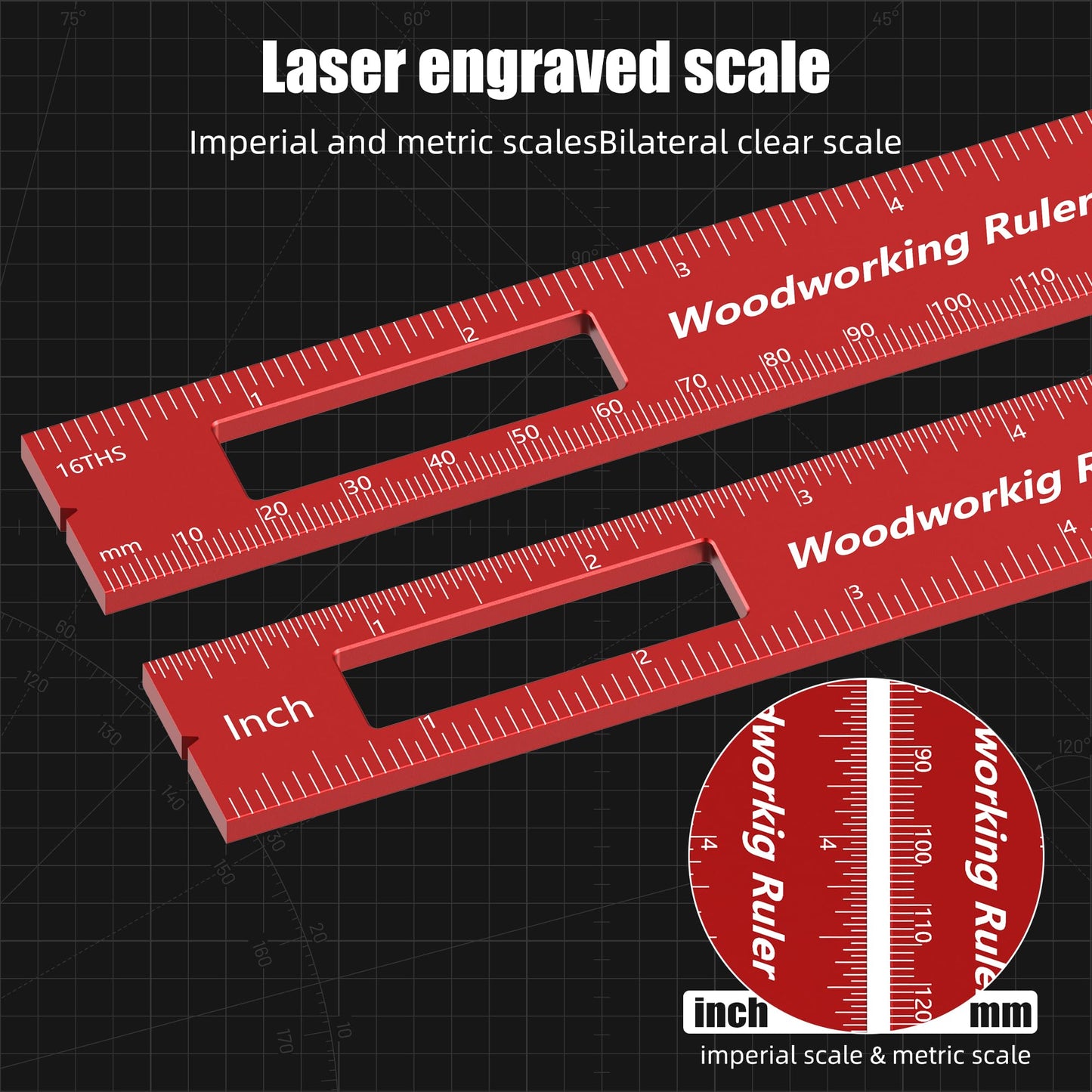Woodworking Ruler 3 Pack (6", 8", 12"), Precision Woodworking Marking Ruler with Holes, Aluminum Alloy Carpenter Measuring Tool, Scribing Layout Guide for Woodworking DIY Carpenter Tools