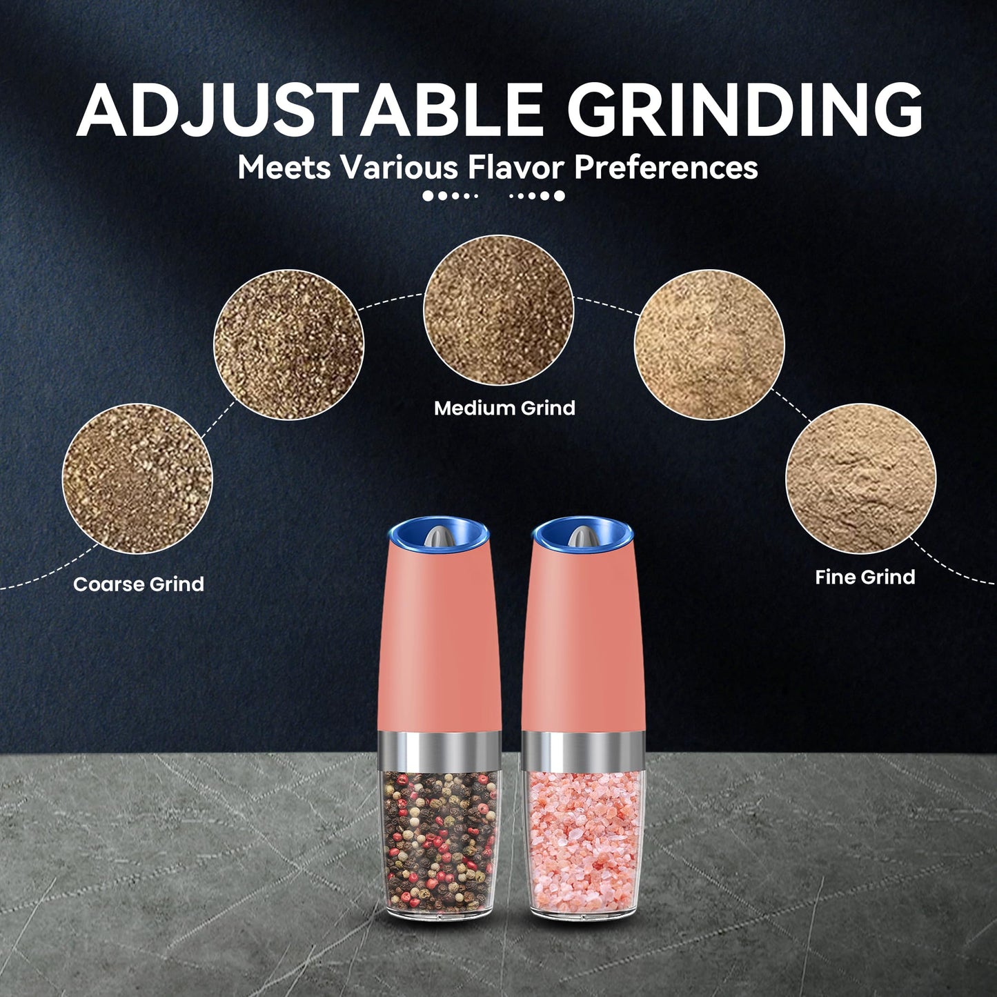 UNNEES Gravity Electric Salt and Pepper Grinder set of 2, Automatic Salt And Pepper Grinder Set, Adjustable Roughness, Battery Powered, LED Light, 2 Pack, (Pink)