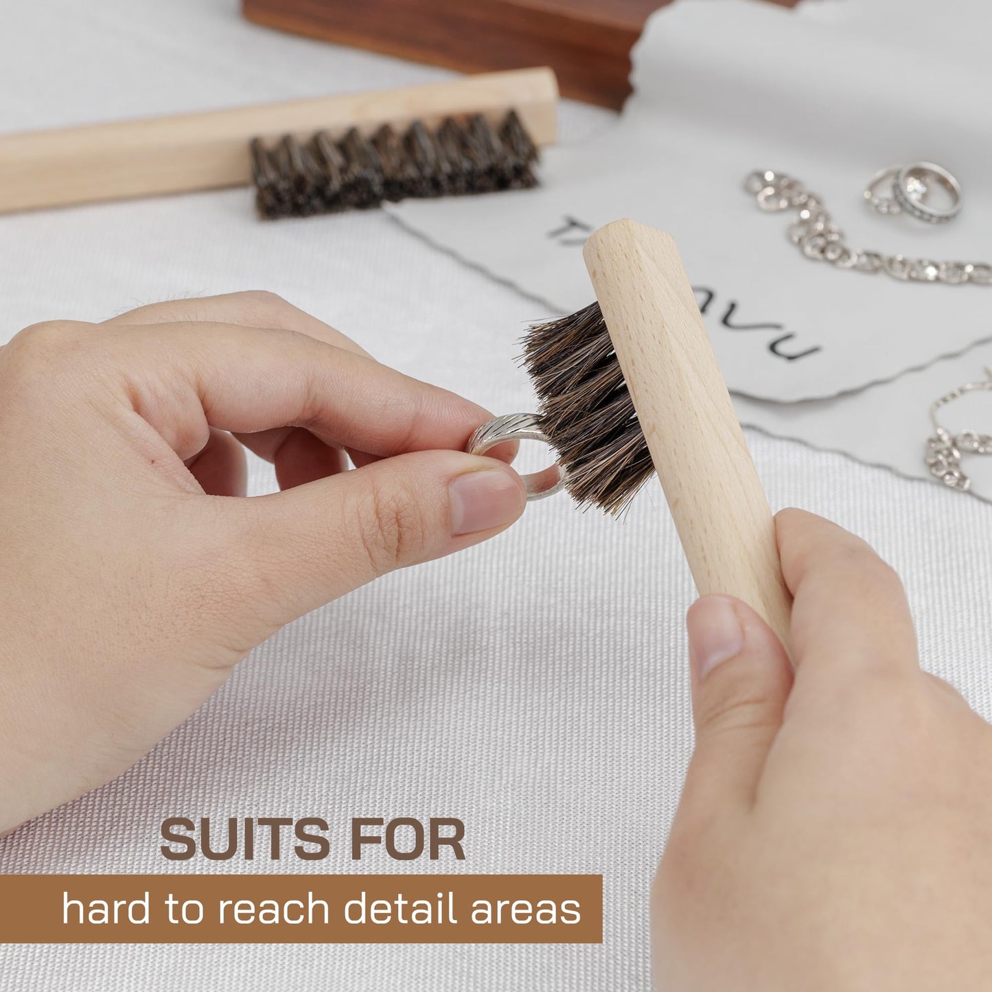 Horsehair Detail Brush Set 2pcs Silver Cleaning Brushes & Polish Cloth Perfect for Detailing, Polish Work, Fine and Heirloom Silverware Plateware Jewelry, Ultimate Solution for a Gleaming Finish